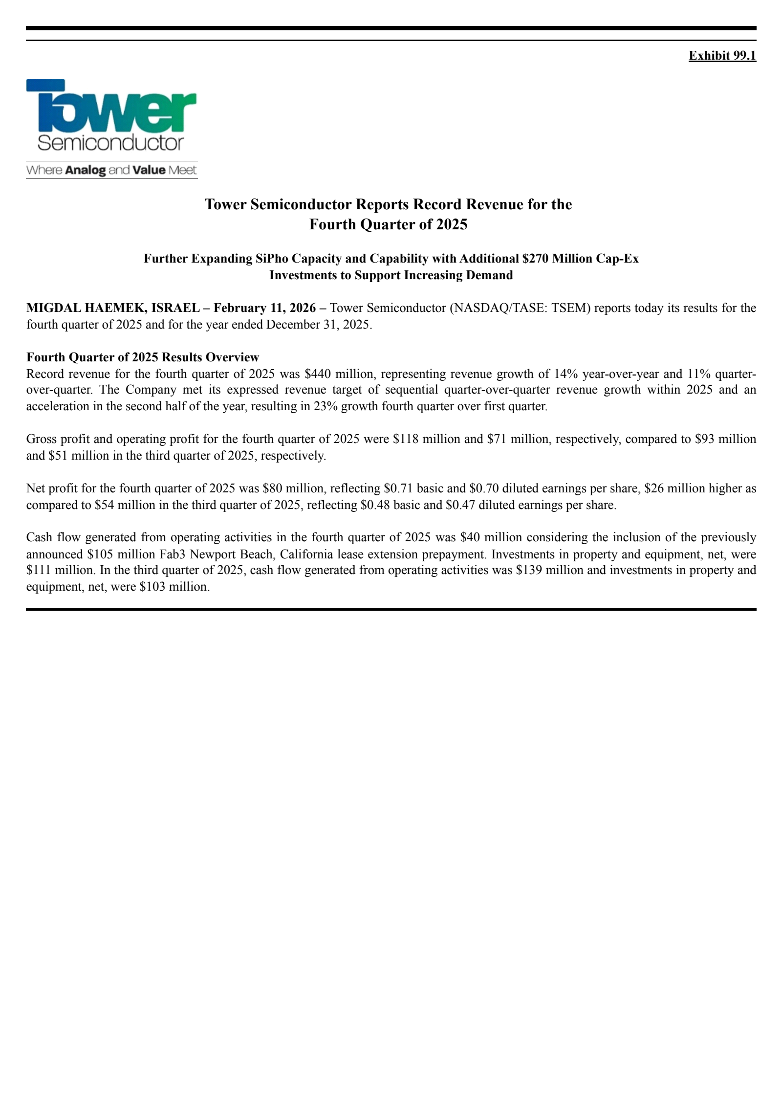 Tower Semiconductor's Q4 2025 Press Release