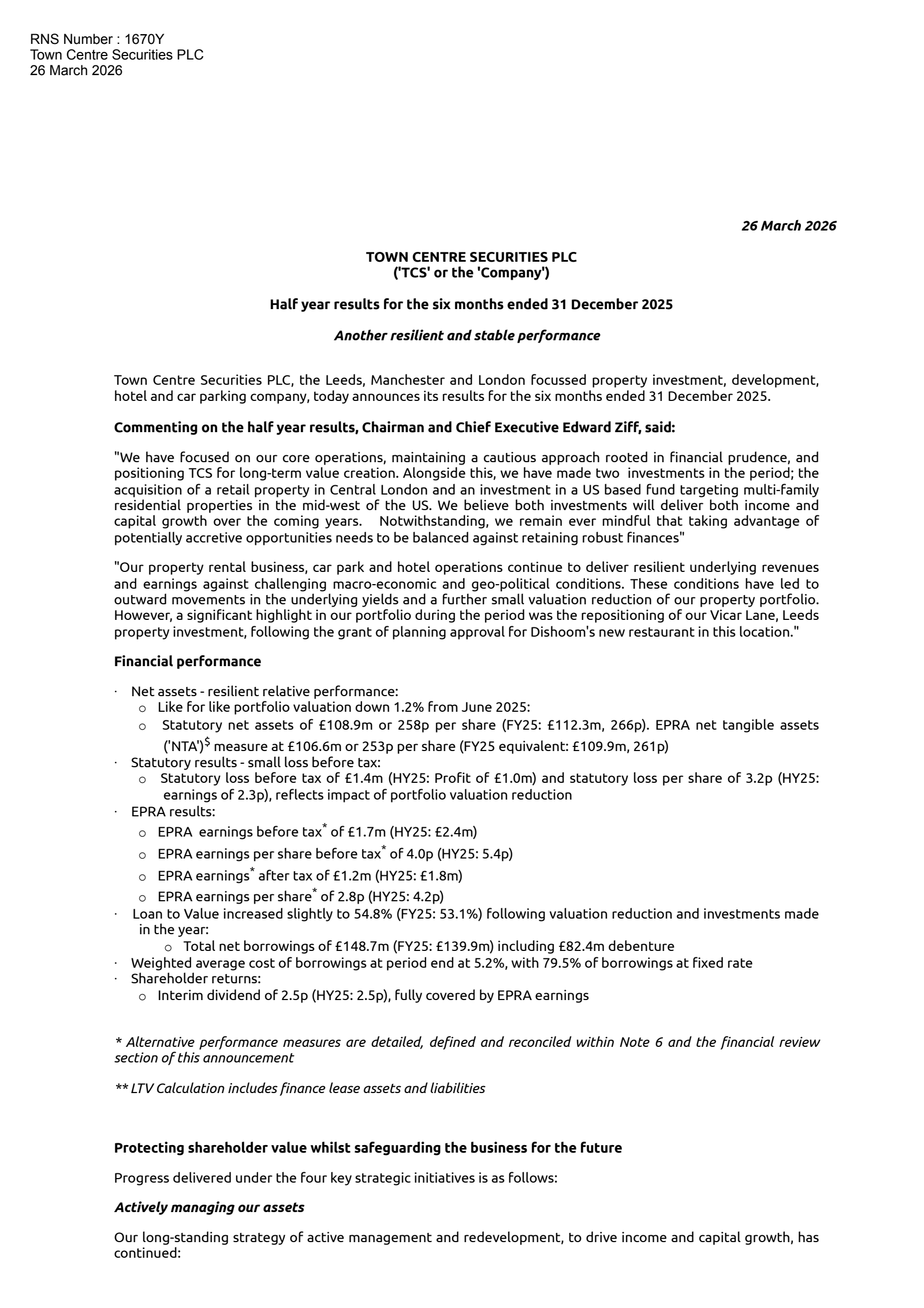 Town Centre Securities' H1 2026 Interim report