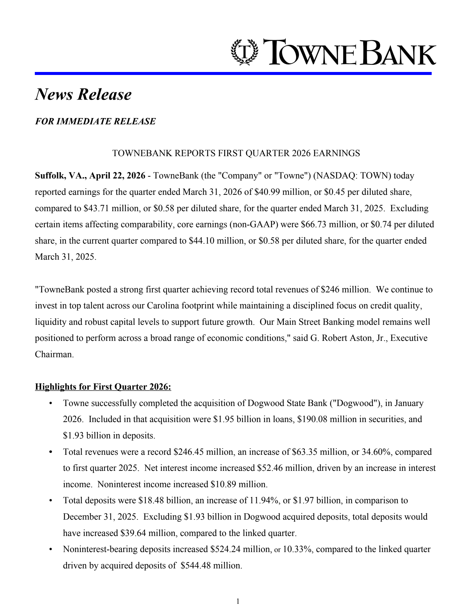 Towne Bank's Q1 2026 Press Release
