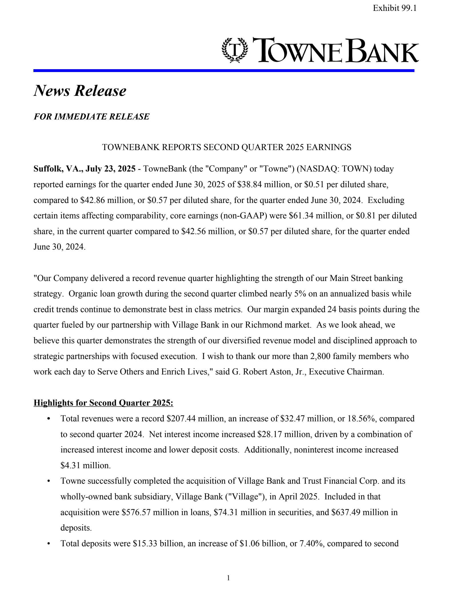 Towne Bank's Q2 2025 Press Release