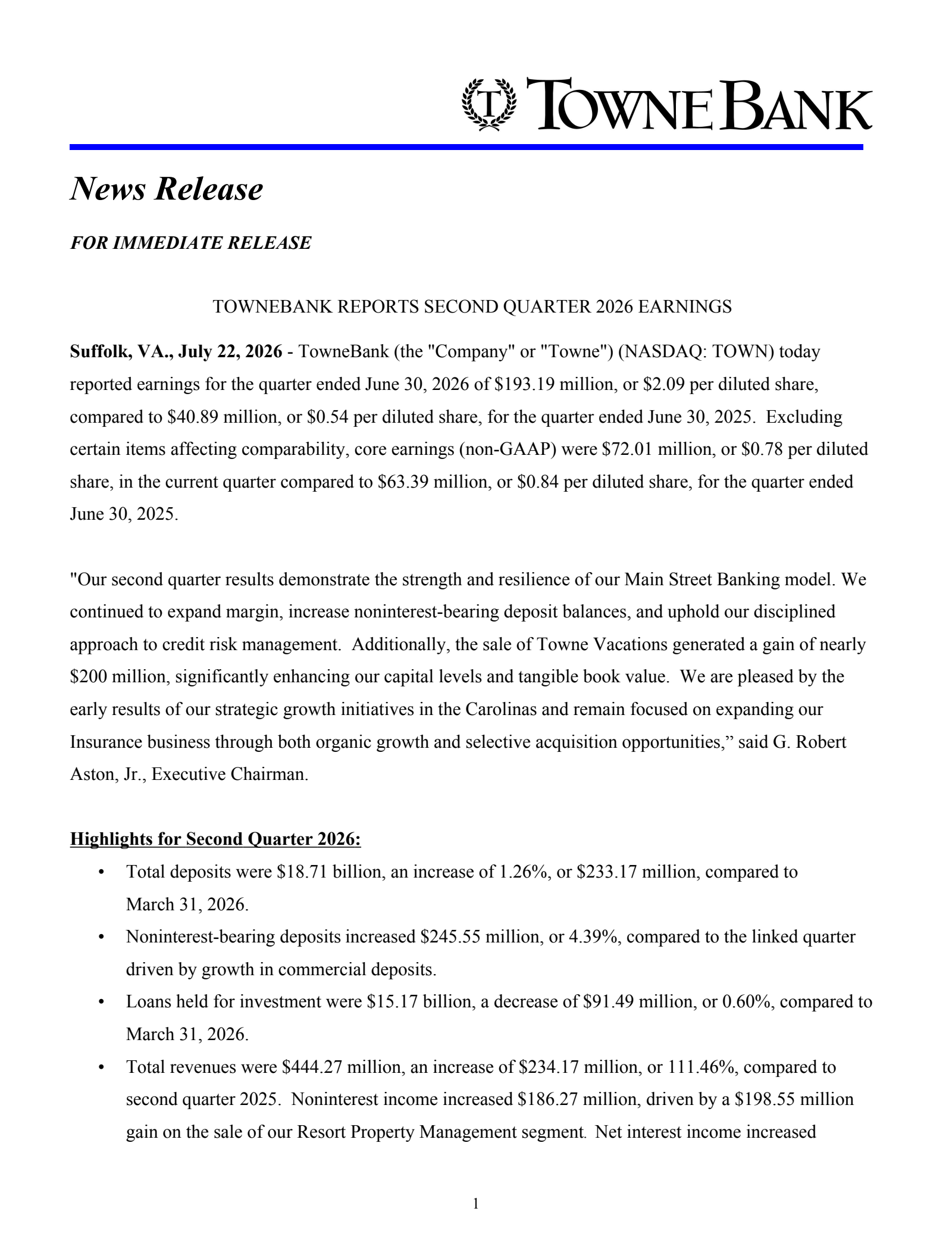 Towne Bank's Q2 2026 Press Release
