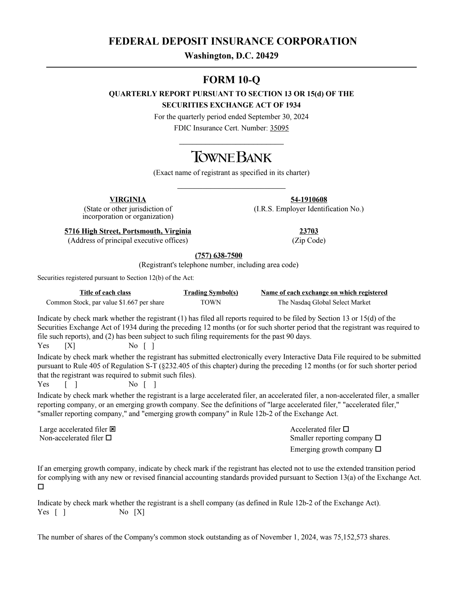 Towne Bank's Q3 2024 Quarterly Report