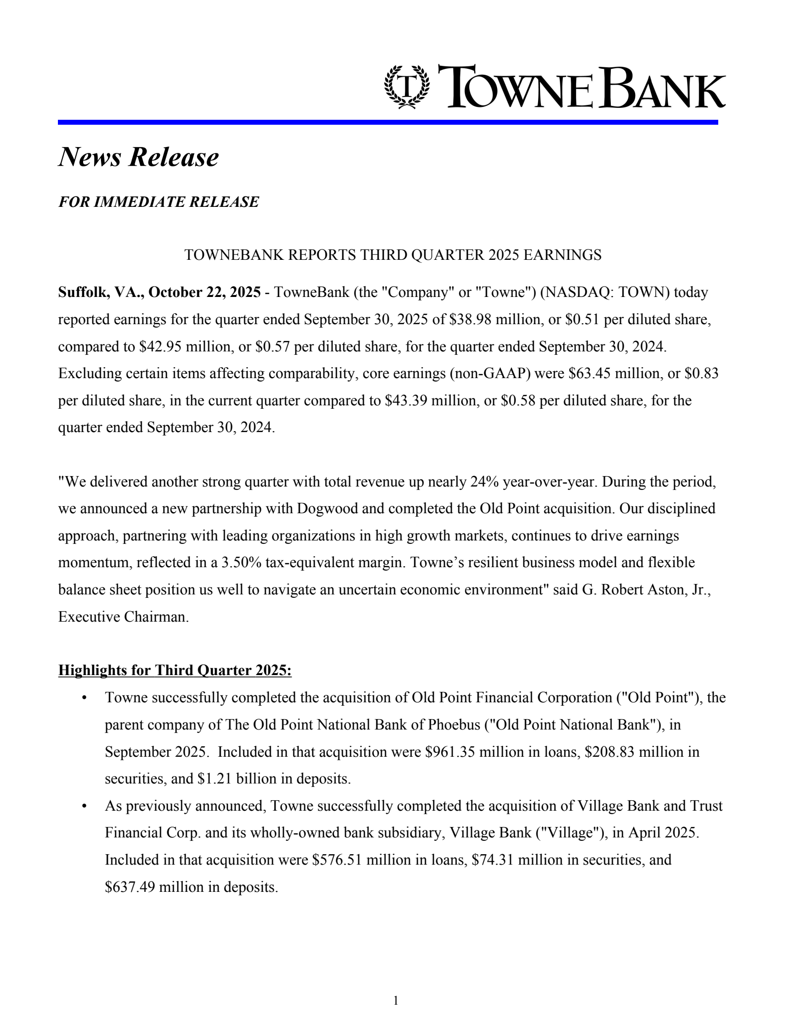 Towne Bank's Q3 2025 Earnings Release