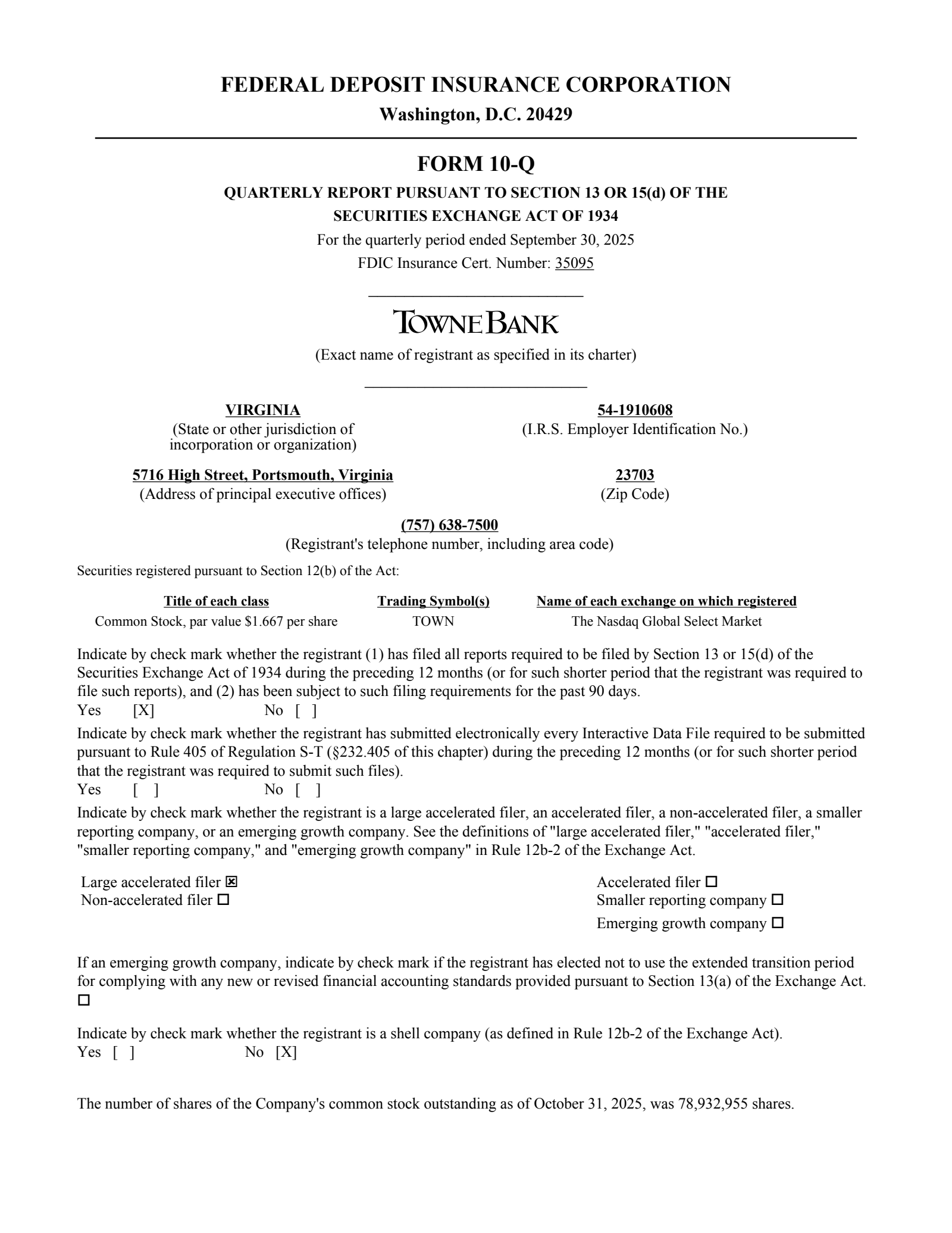 Towne Bank's Q3 2025 Quarterly report