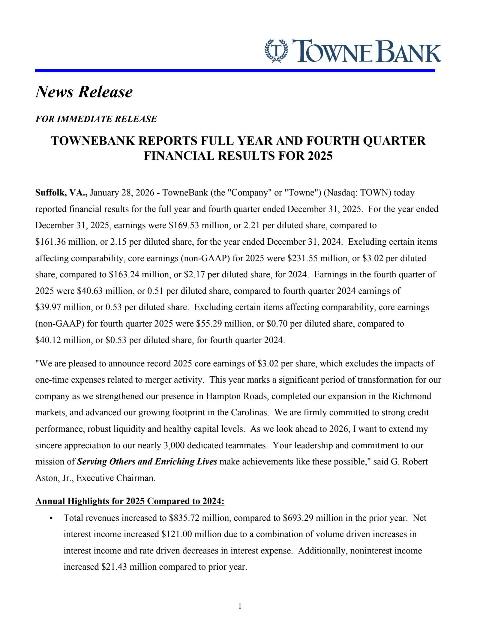 Towne Bank's Q4 2025 Press Release