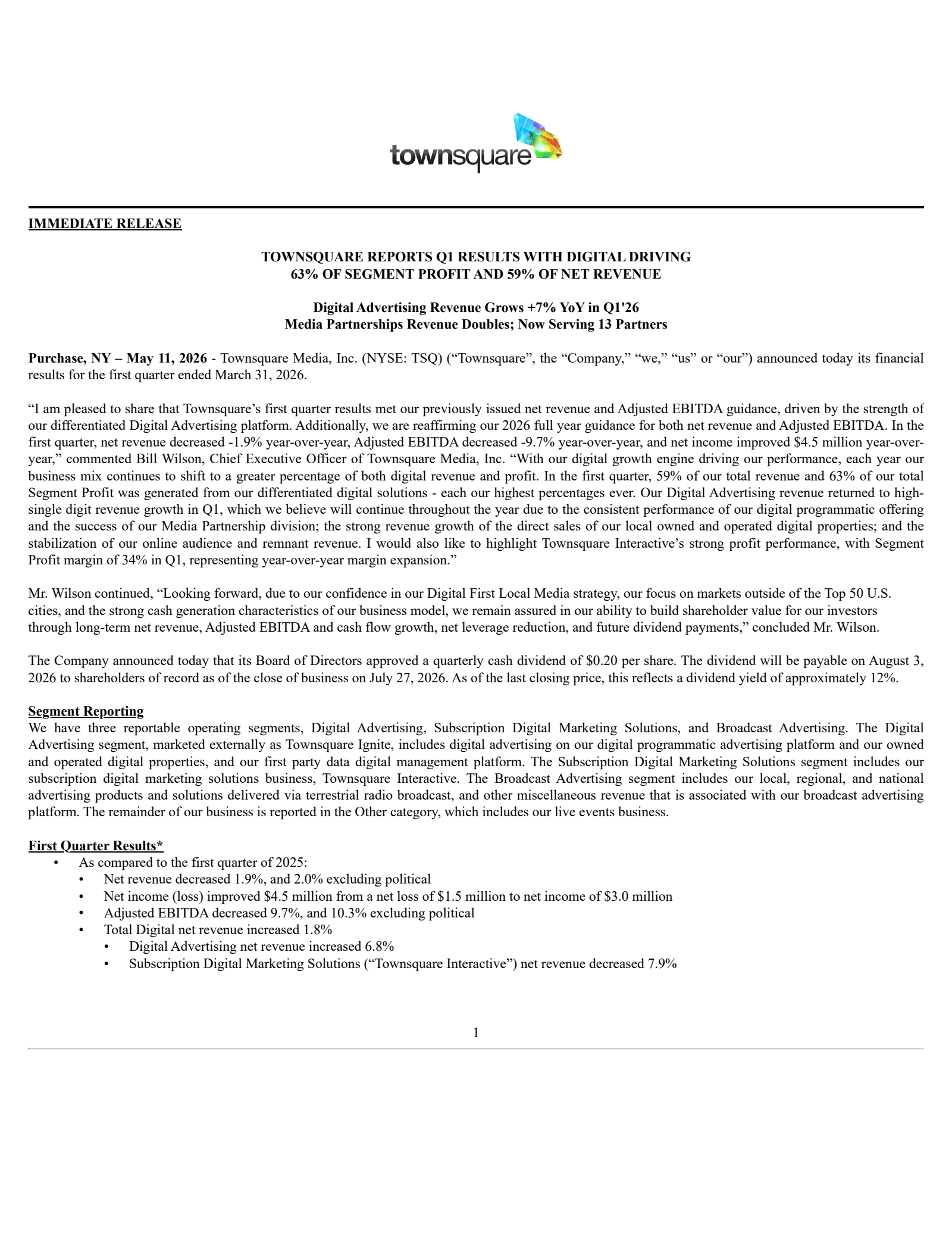 Townsquare Media's Q1 2026 Press Release