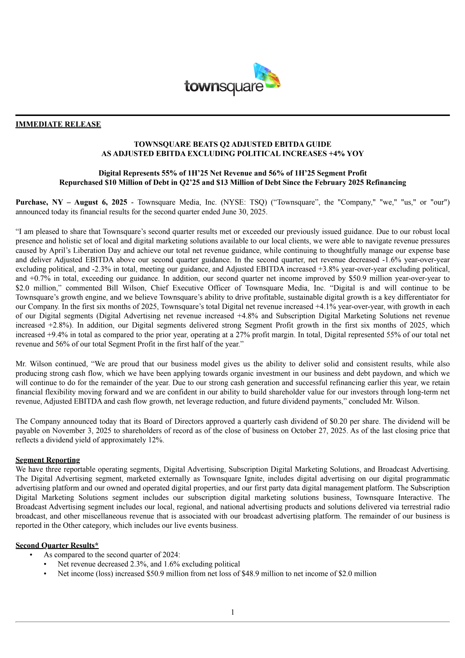 Townsquare Media's Q2 2025 Press Release