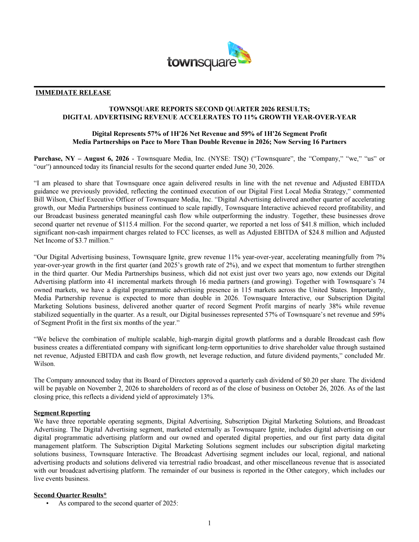 Townsquare Media's Q2 2026 Press Release