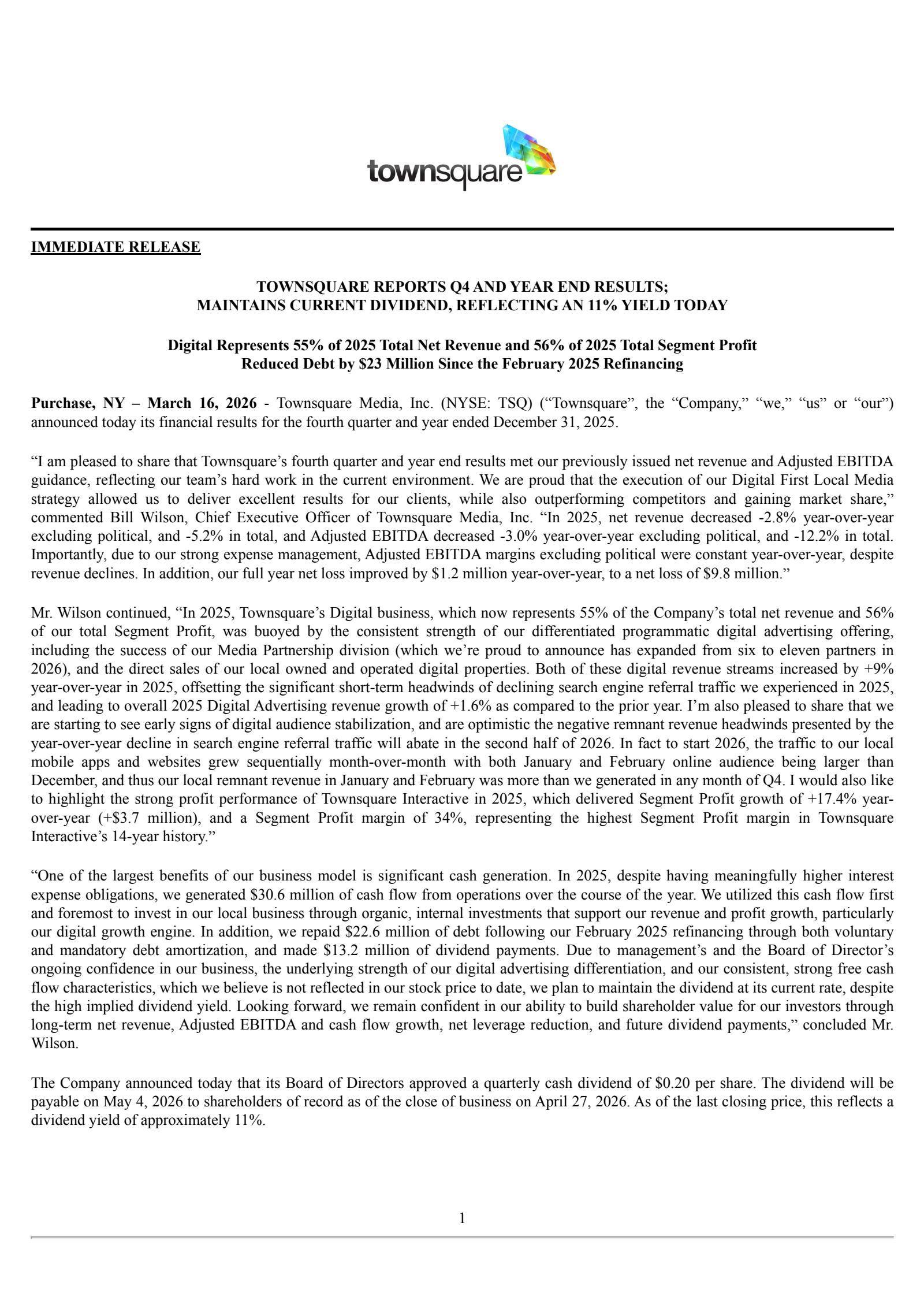 Townsquare Media's Q4 2025 Press Release