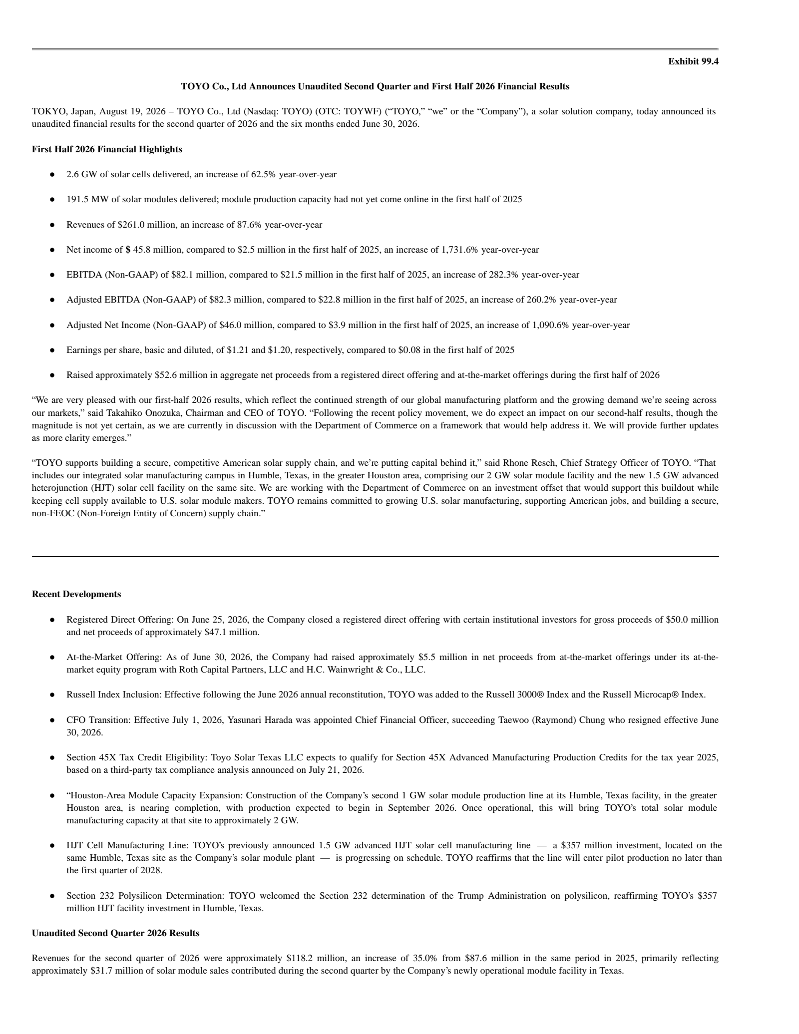 TOYO's H1 2026 Press Release