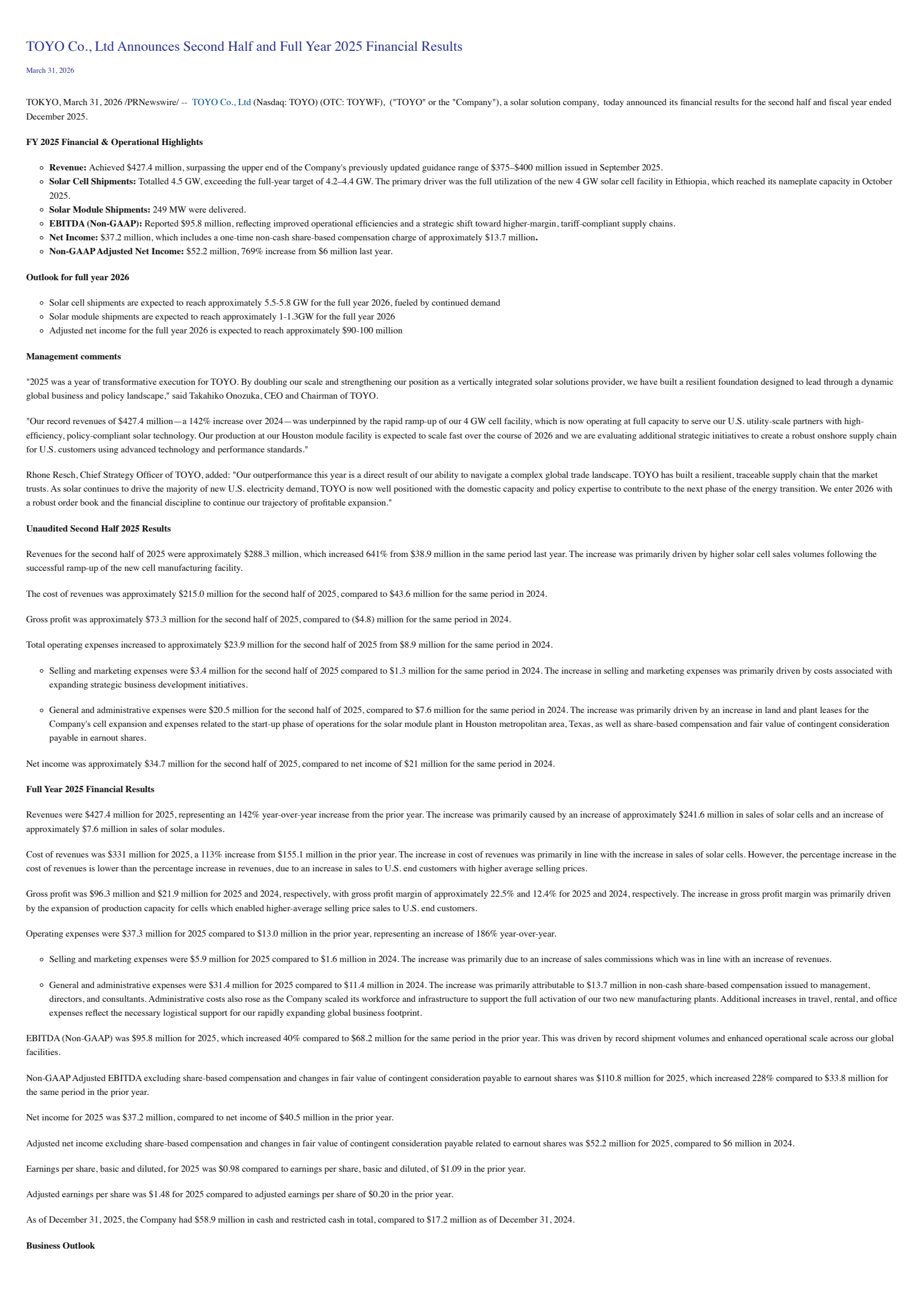 TOYO's H2 2025 Press Release
