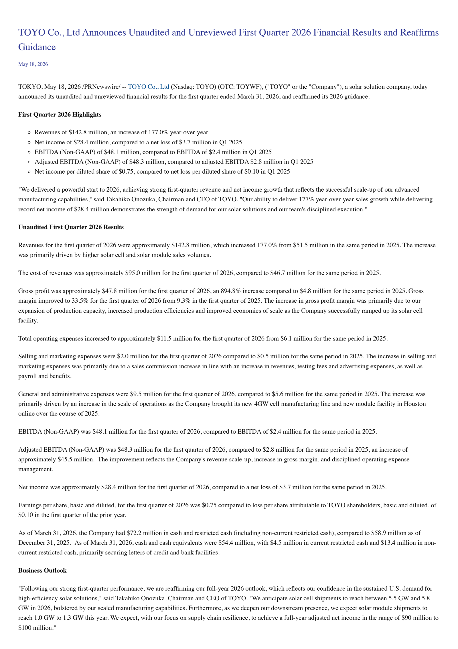TOYO's Q1 2026 Press Release