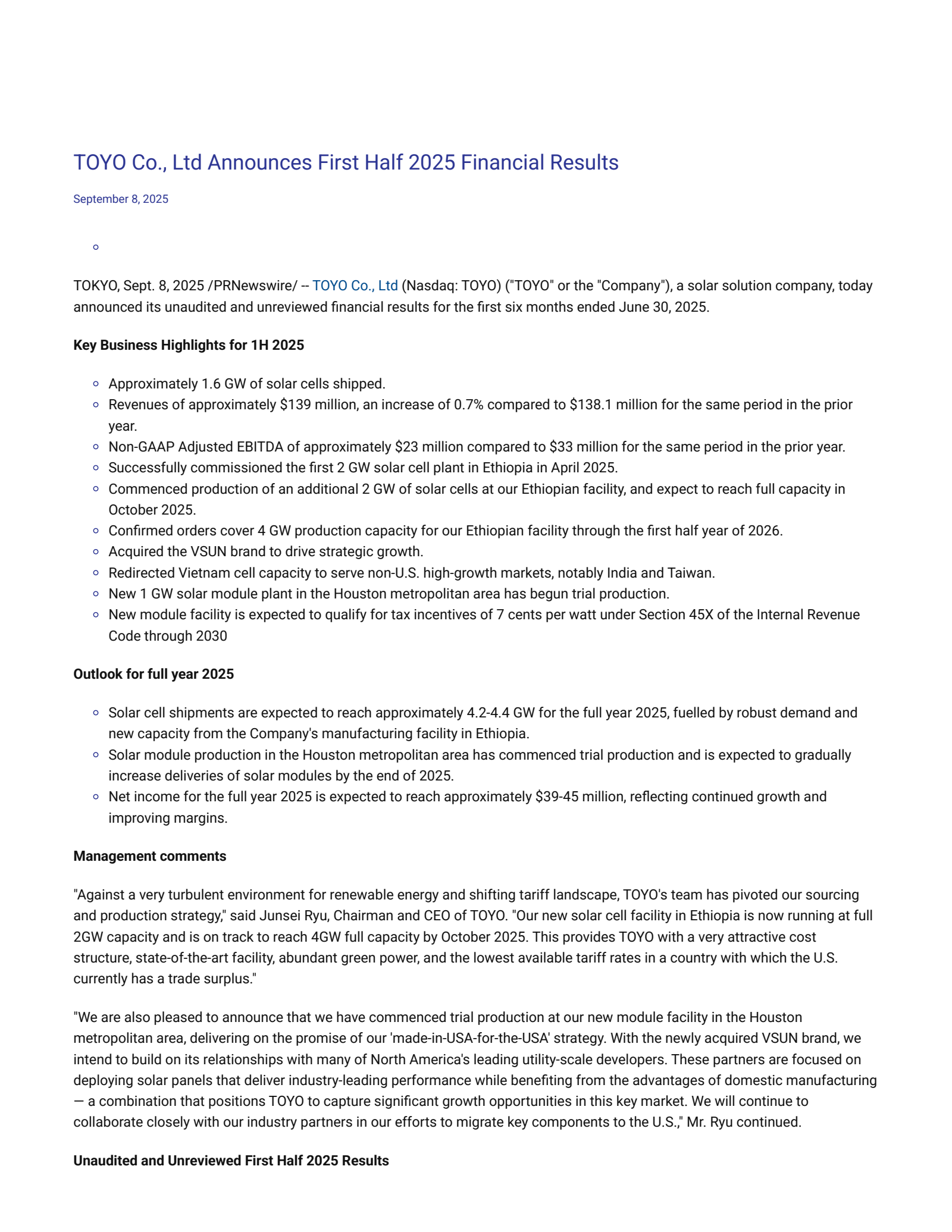 TOYO's Q2 2025 Earnings Release