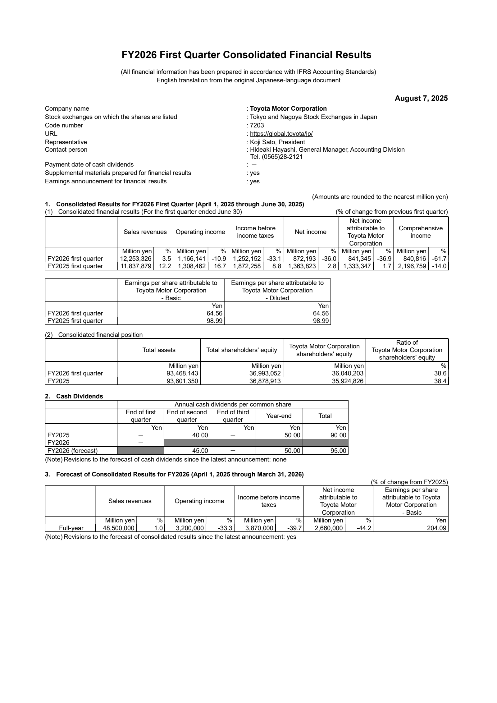Toyota Motor's Q1 2026 Interim report