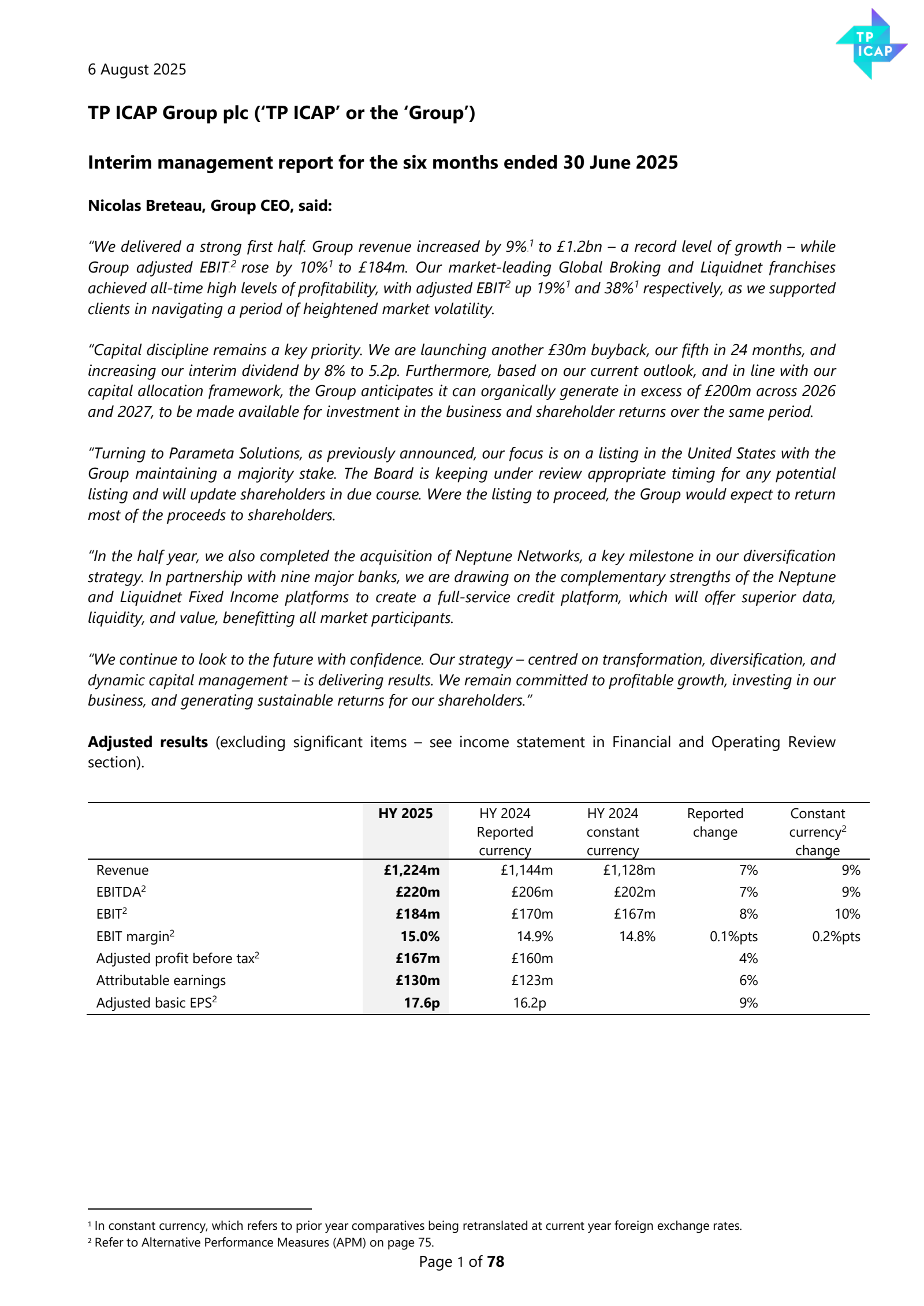 TP ICAP Group's H1 2025 Interim report