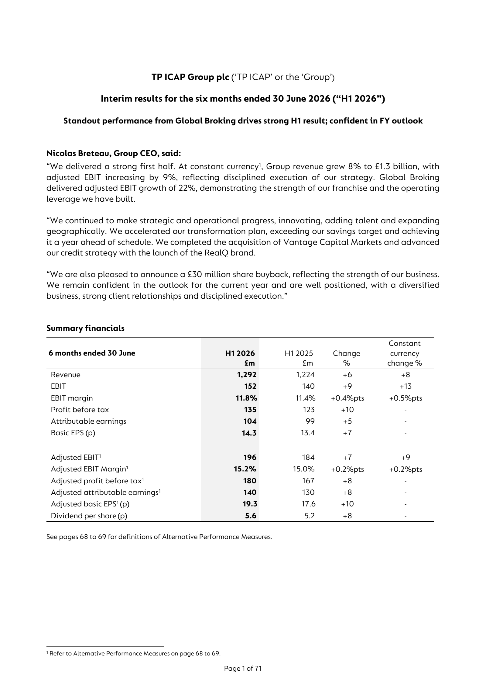 TP ICAP Group's Q2 2026 Interim report