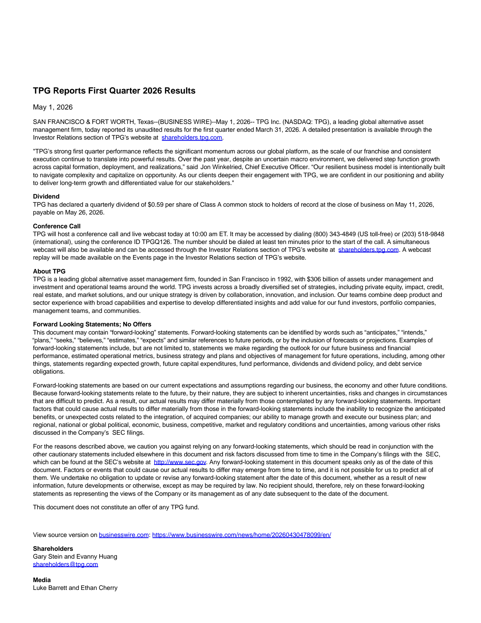 TPG's Q1 2026 Press Release