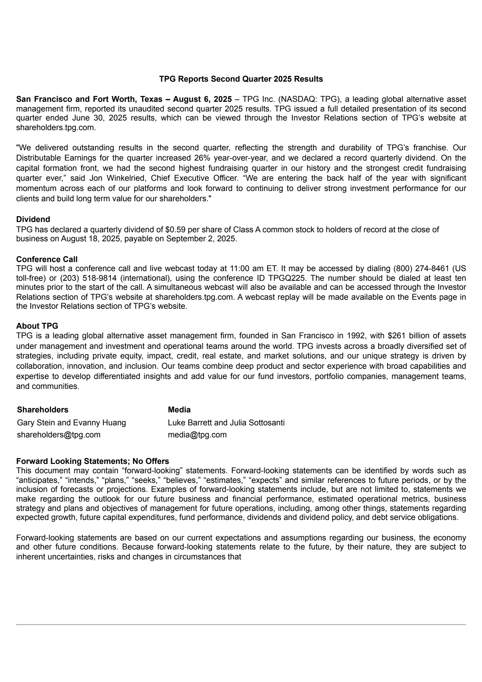 TPG's Q2 2025 Press Release