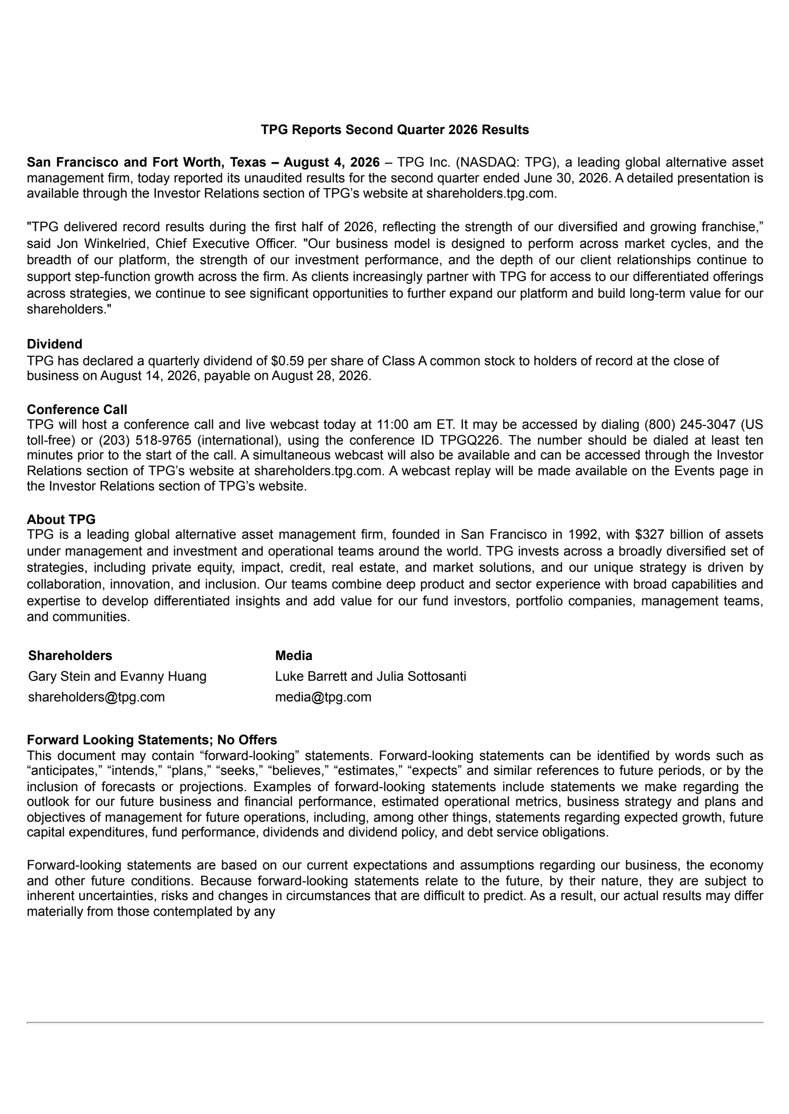 TPG's Q2 2026 Press Release