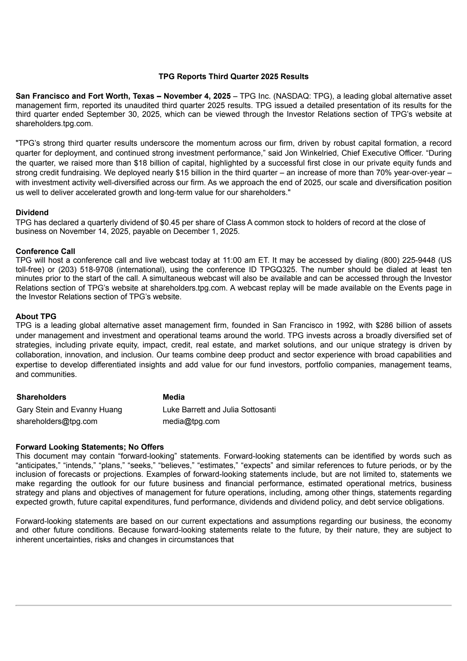 TPG's Q3 2025 Earnings Release