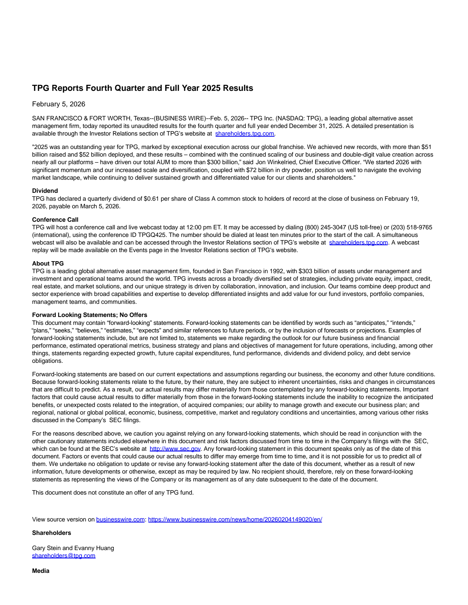 TPG's Q4 2025 Press Release
