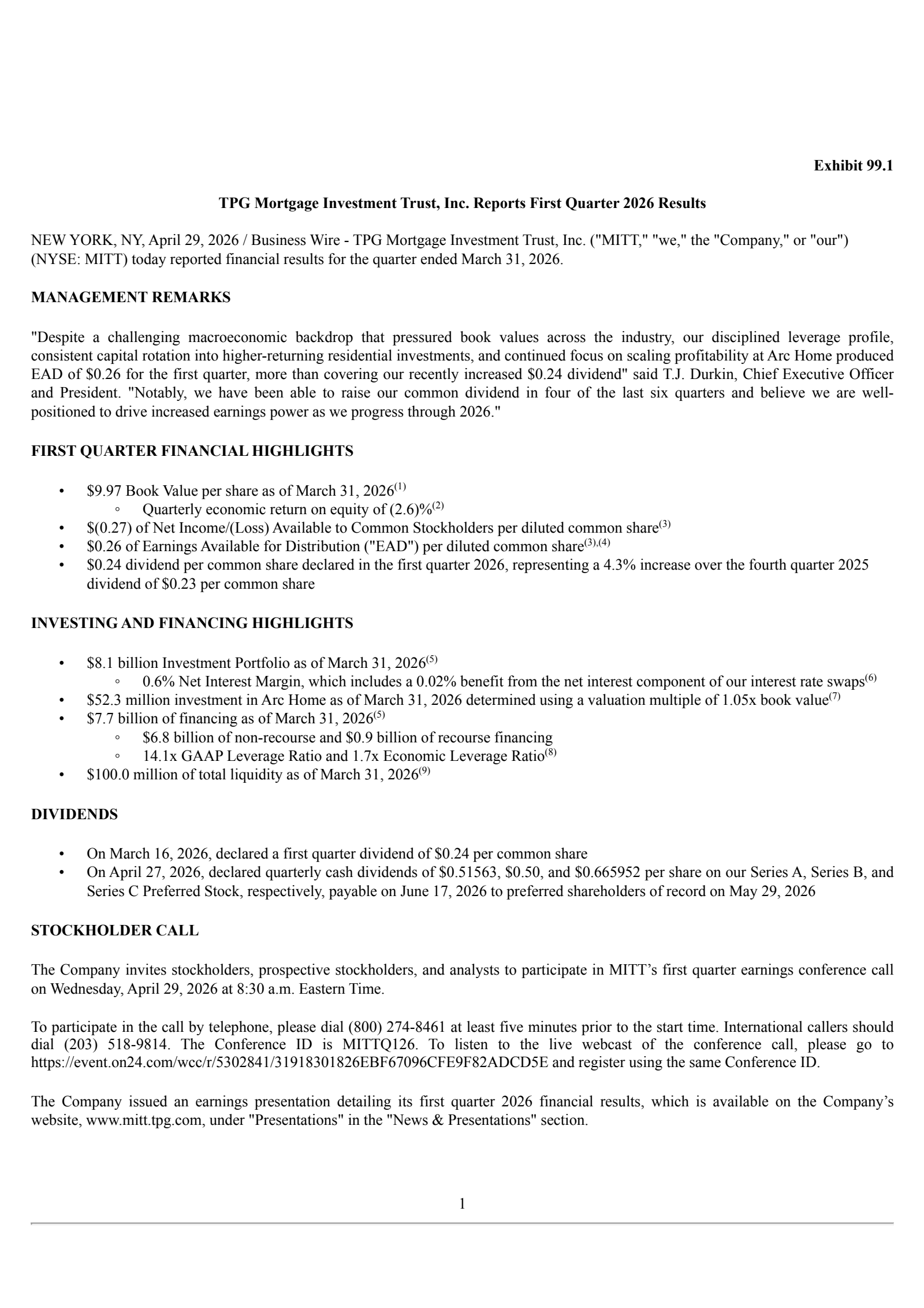AG Mortgage Investment Trust's Q1 2026 Press Release