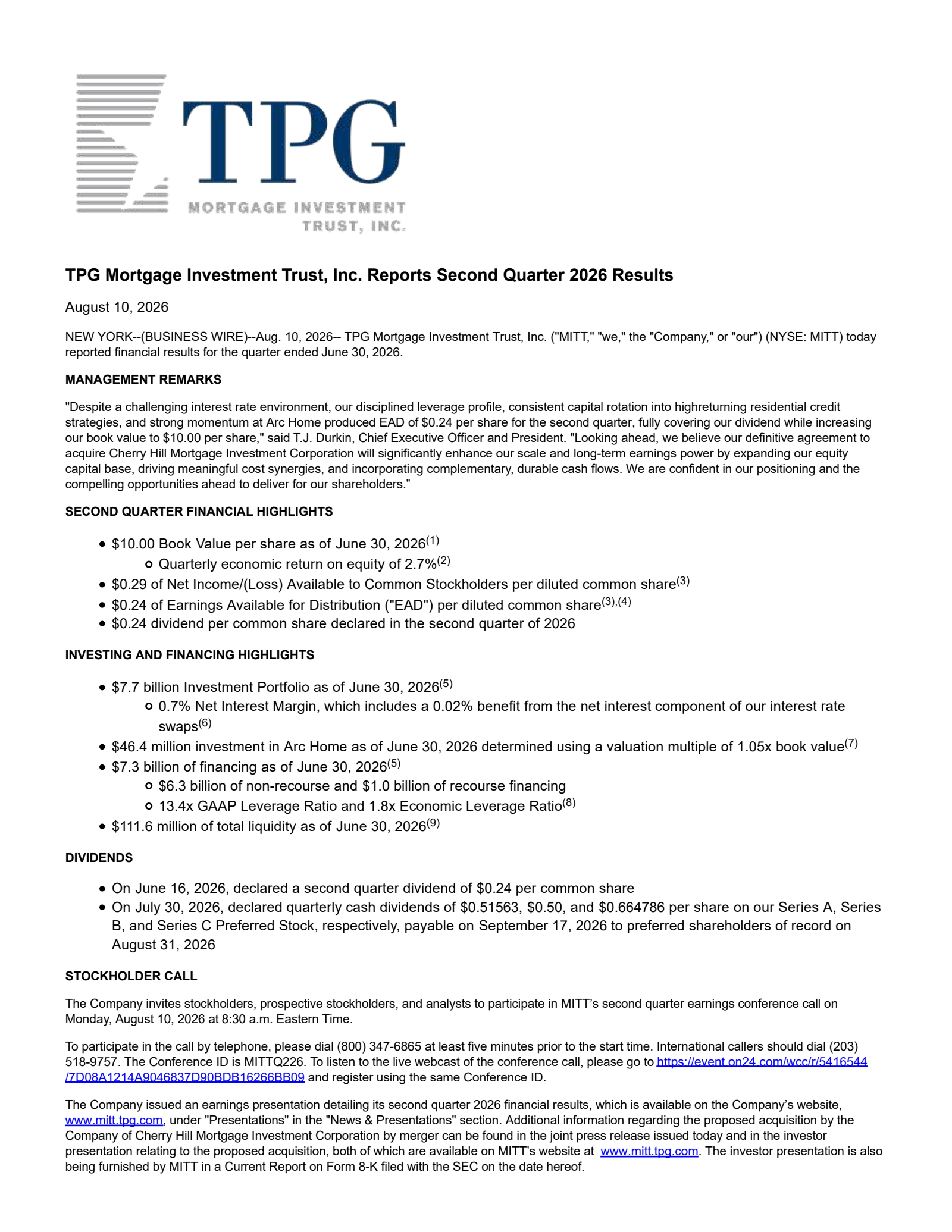 AG Mortgage Investment Trust's Q2 2026 Press Release