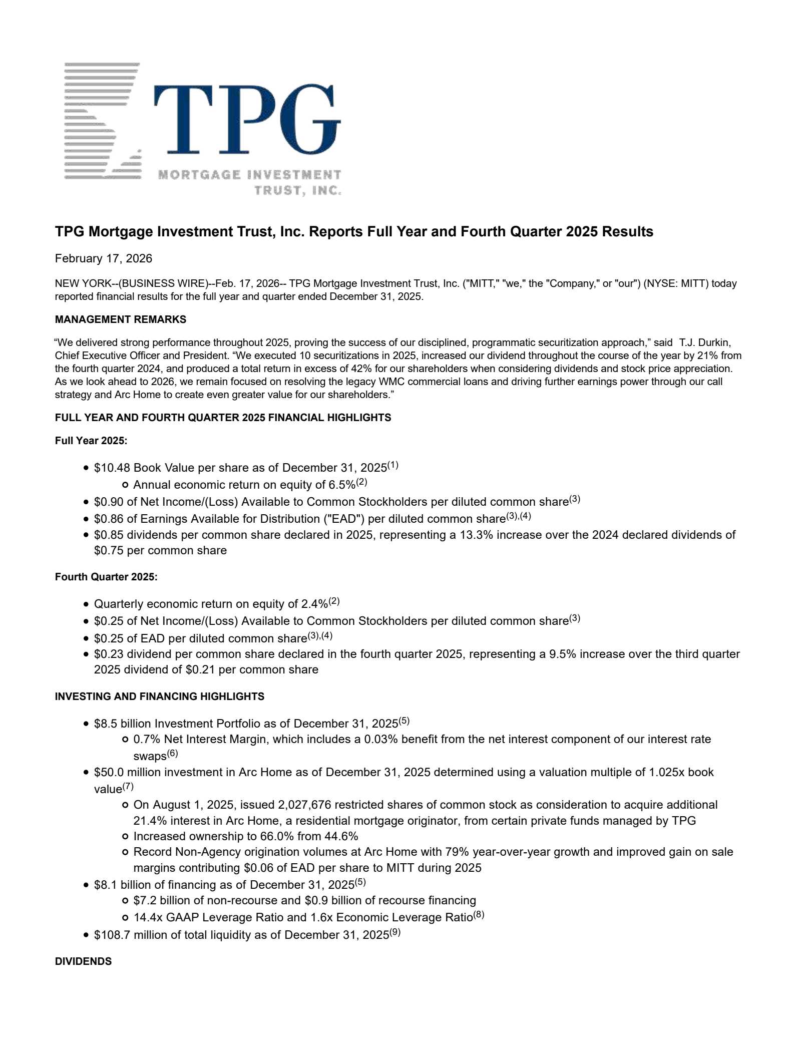 AG Mortgage Investment Trust's Q4 2025 Press Release