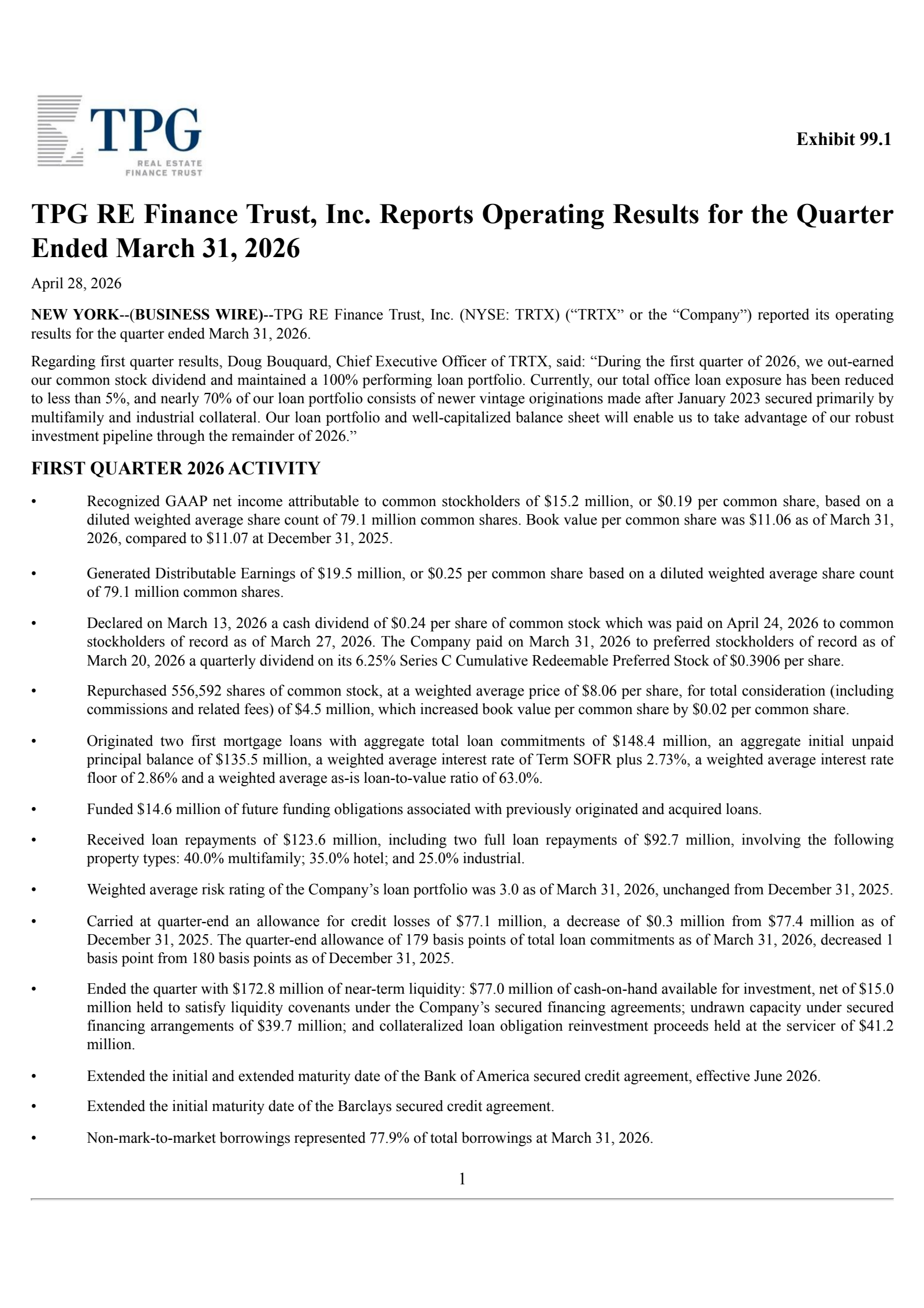 TPG RE Finance Trust's Q1 2026 Press Release