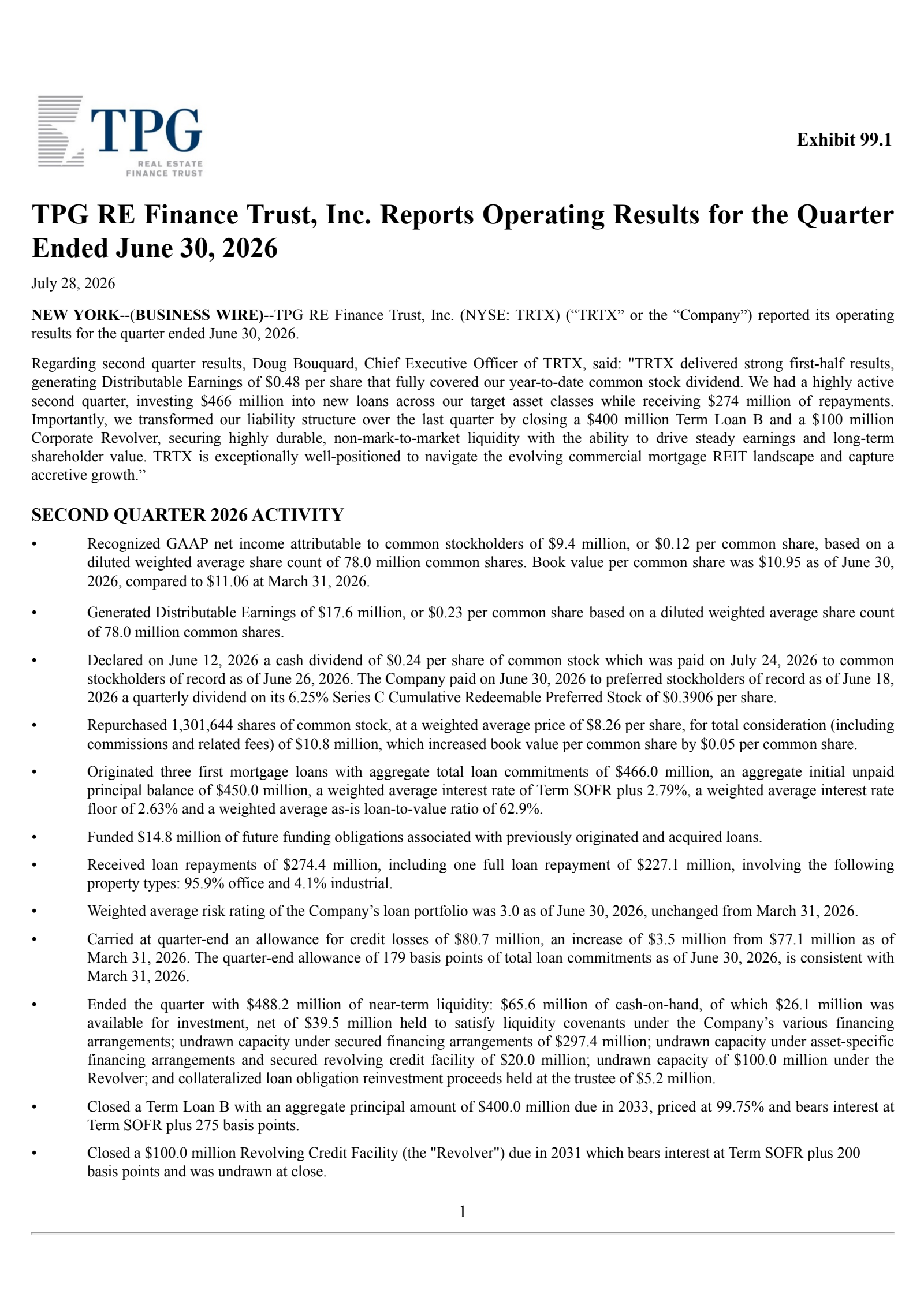 TPG RE Finance Trust's Q2 2026 Press Release