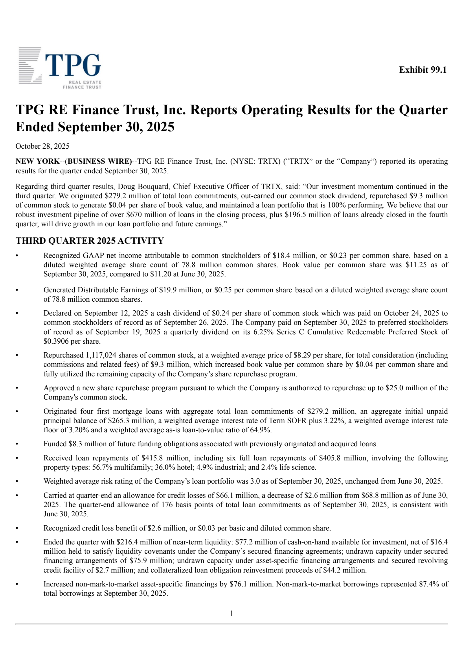 TPG RE Finance Trust's Q3 2025 Earnings Release