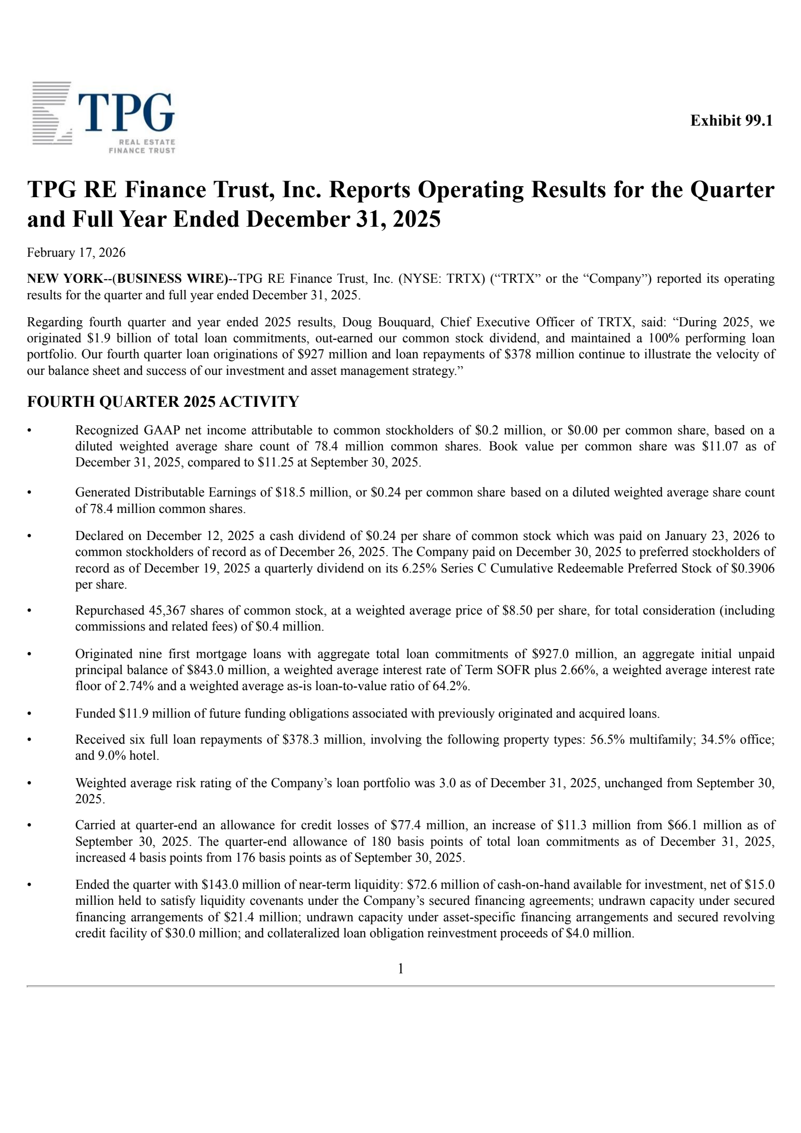 TPG RE Finance Trust's Q4 2025 Press Release