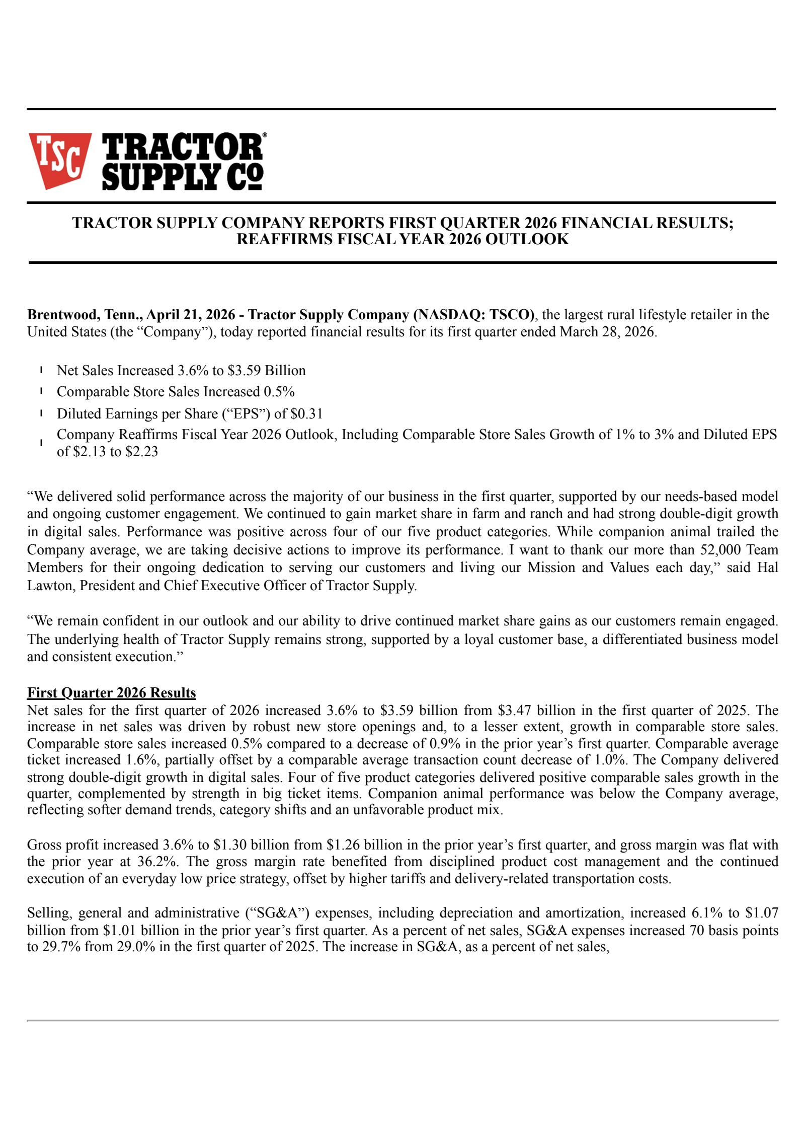 Tractor Supply's Q1 2026 Press Release
