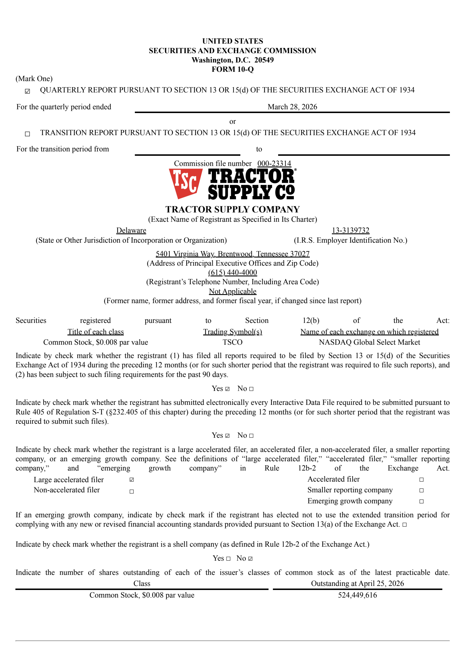 Tractor Supply's Q1 2026 Quarterly report