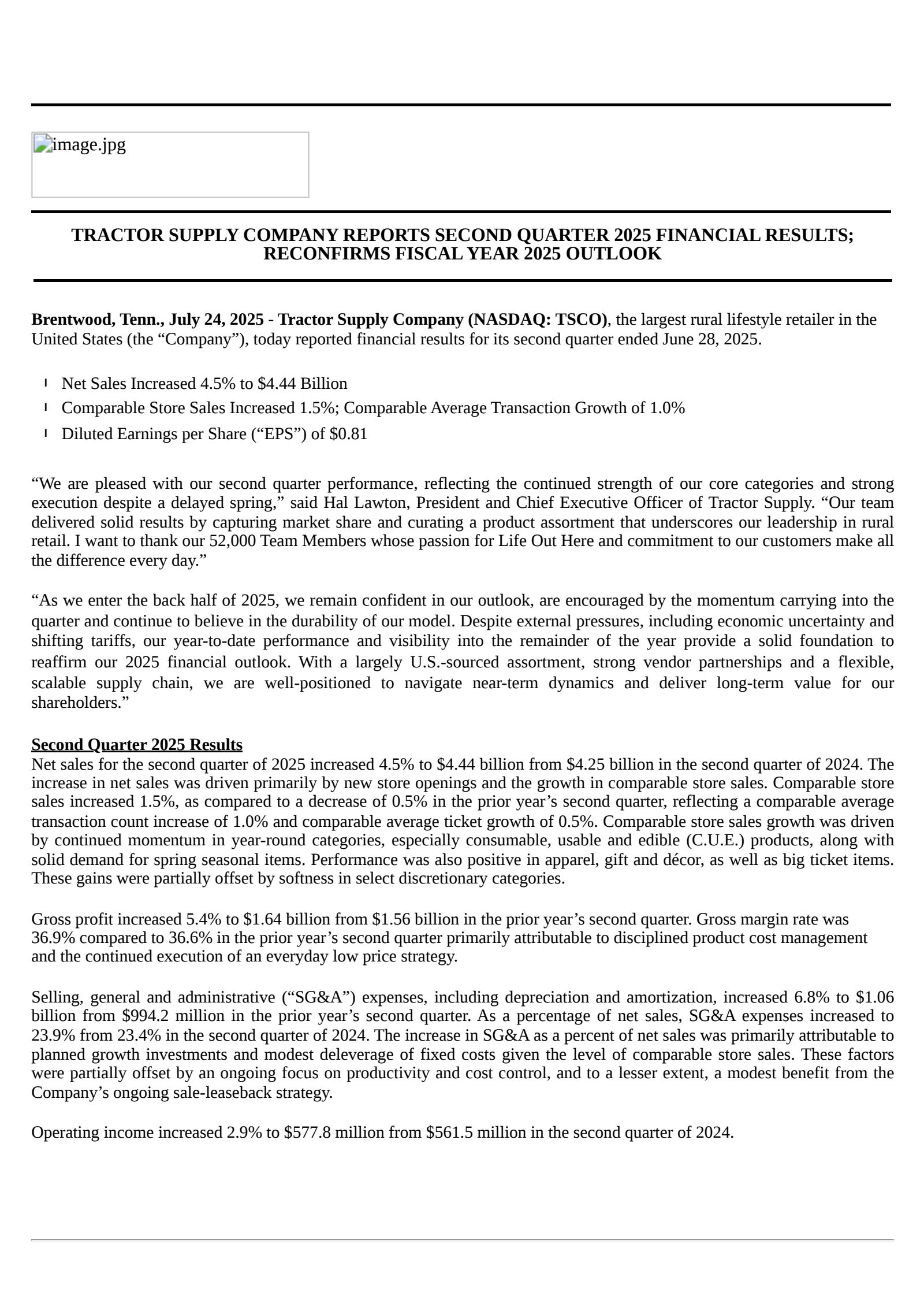 Tractor Supply's Q2 2025 Press Release
