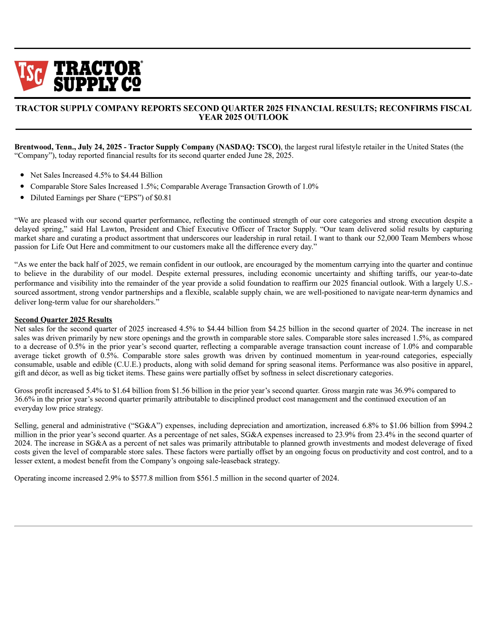 Tractor Supply's Q2 2025 Earnings Release