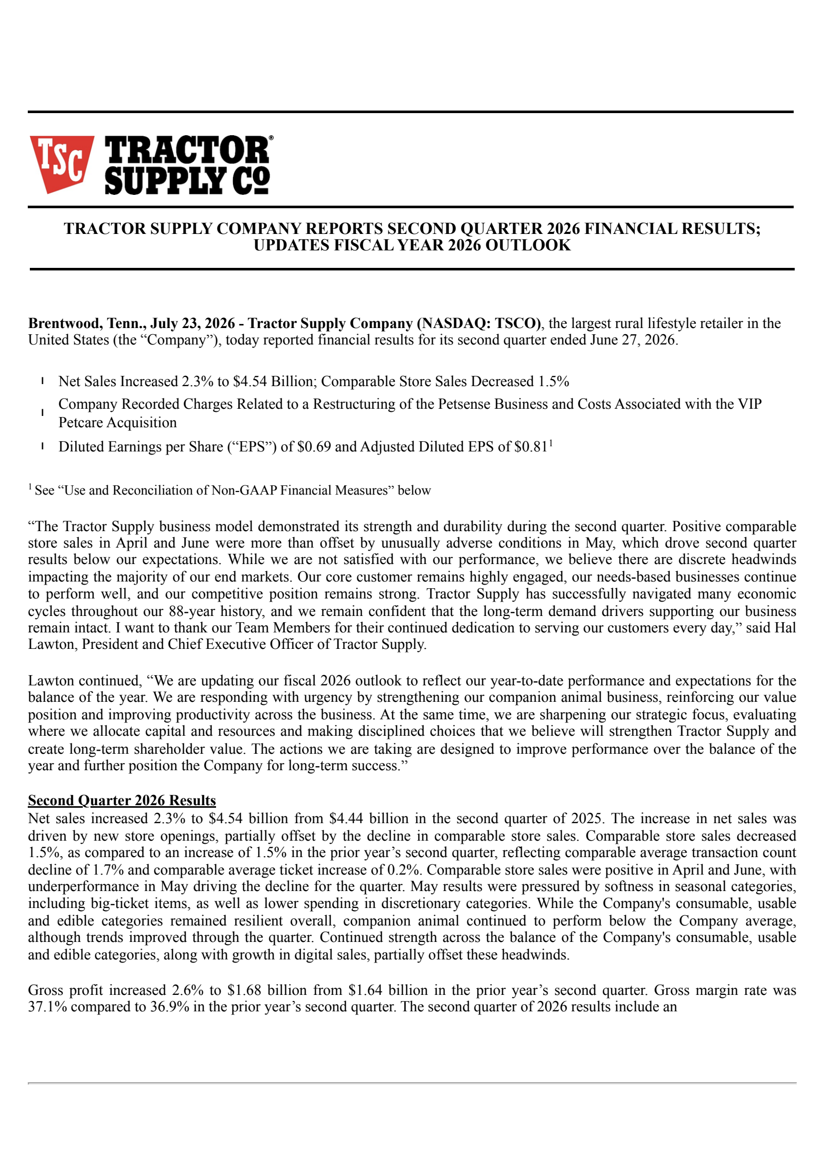 Tractor Supply's Q2 2026 Press Release