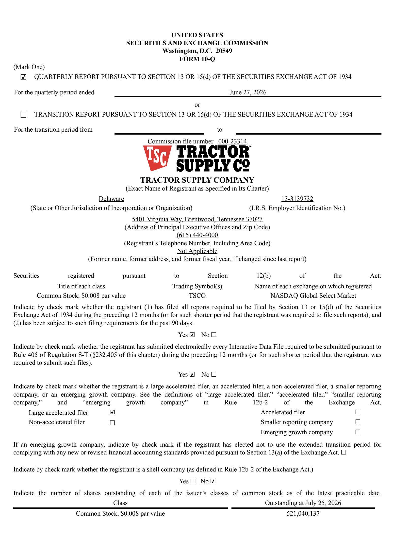 Tractor Supply's Q2 2026 Quarterly report