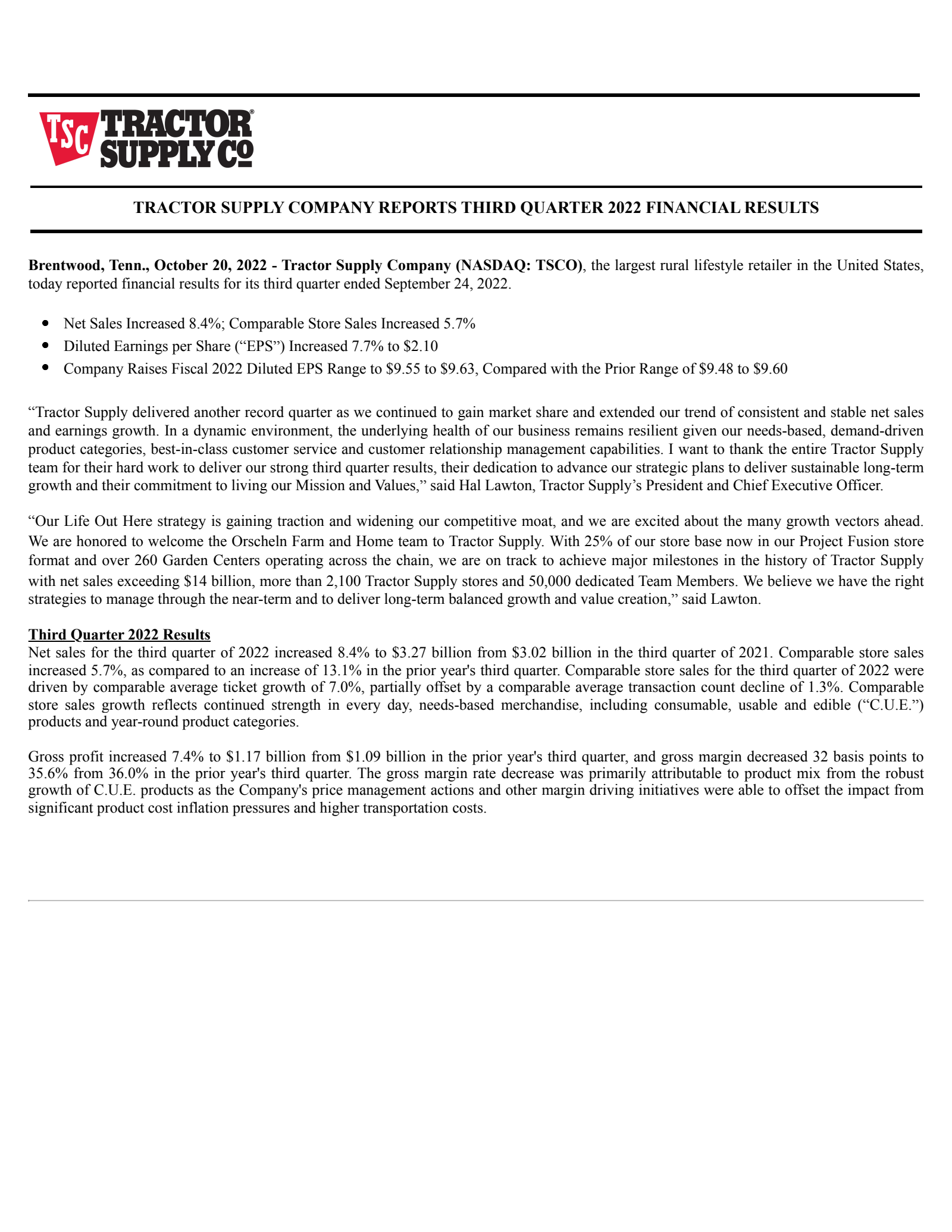 Tractor Supply's Q3 2022 Earnings Release