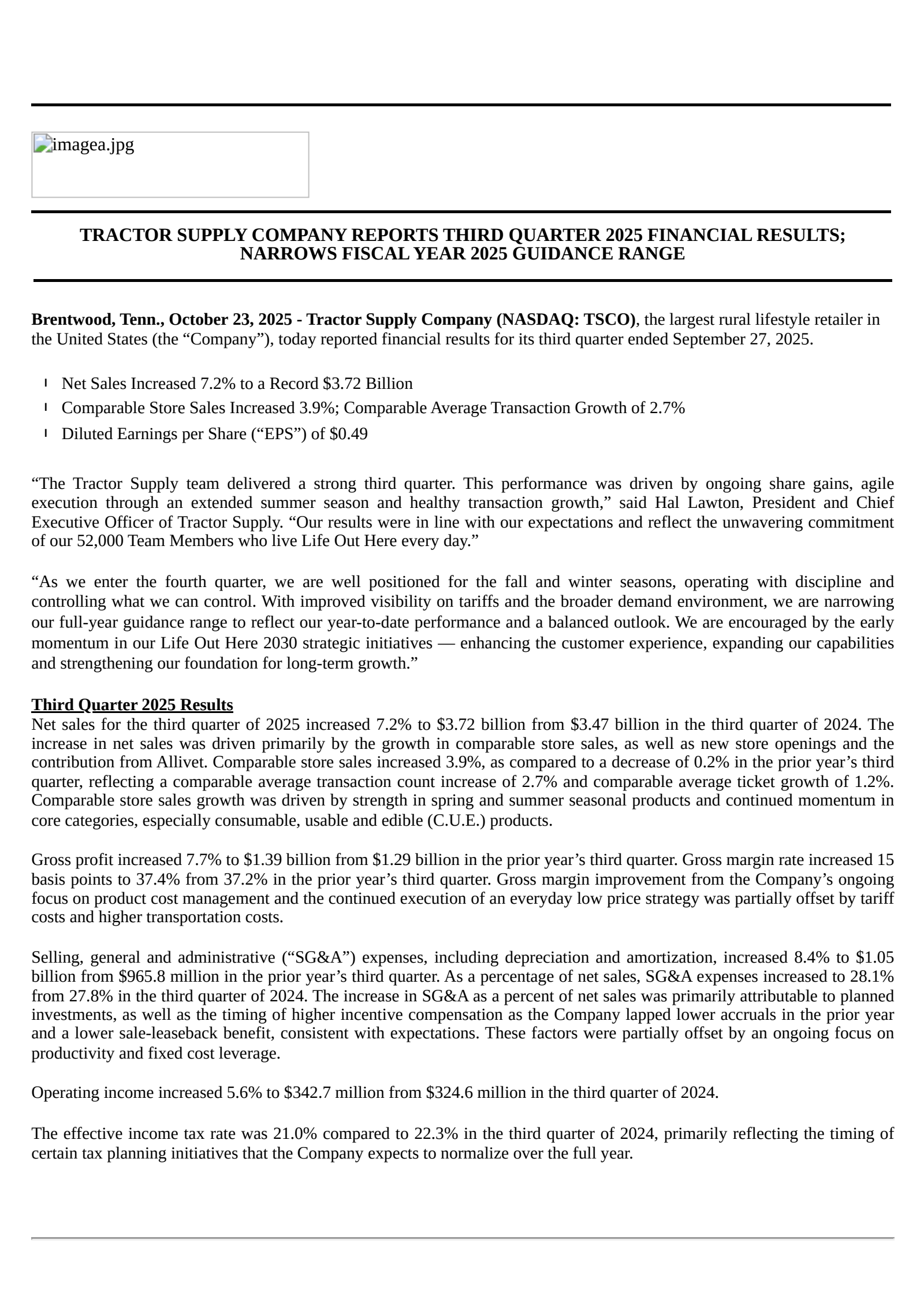Tractor Supply's Q3 2025 Earnings Release