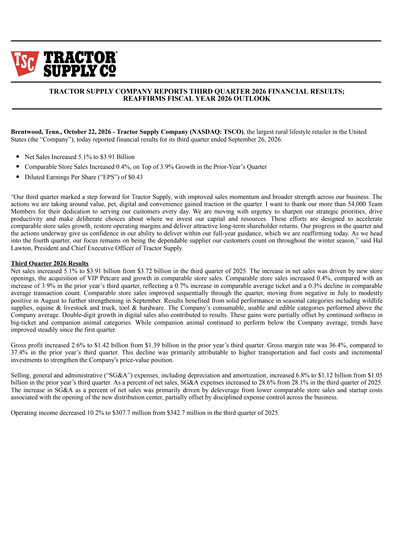 Tractor Supply (TSCO) Q3 2026 Earnings Results & Call Transcript