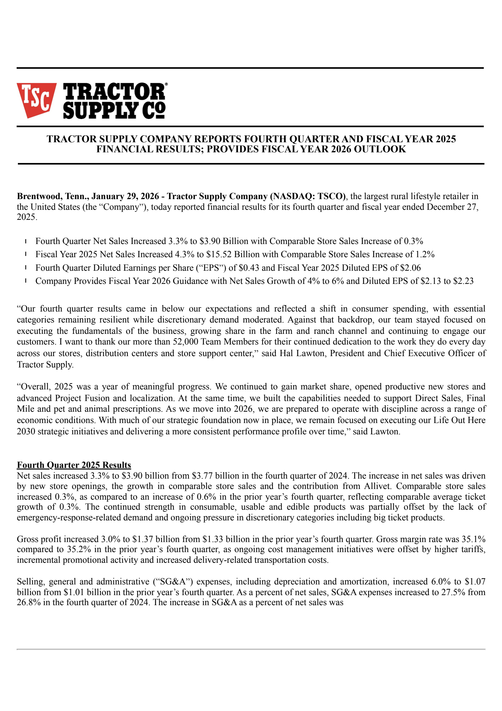 Tractor Supply's Q4 2025 Press Release