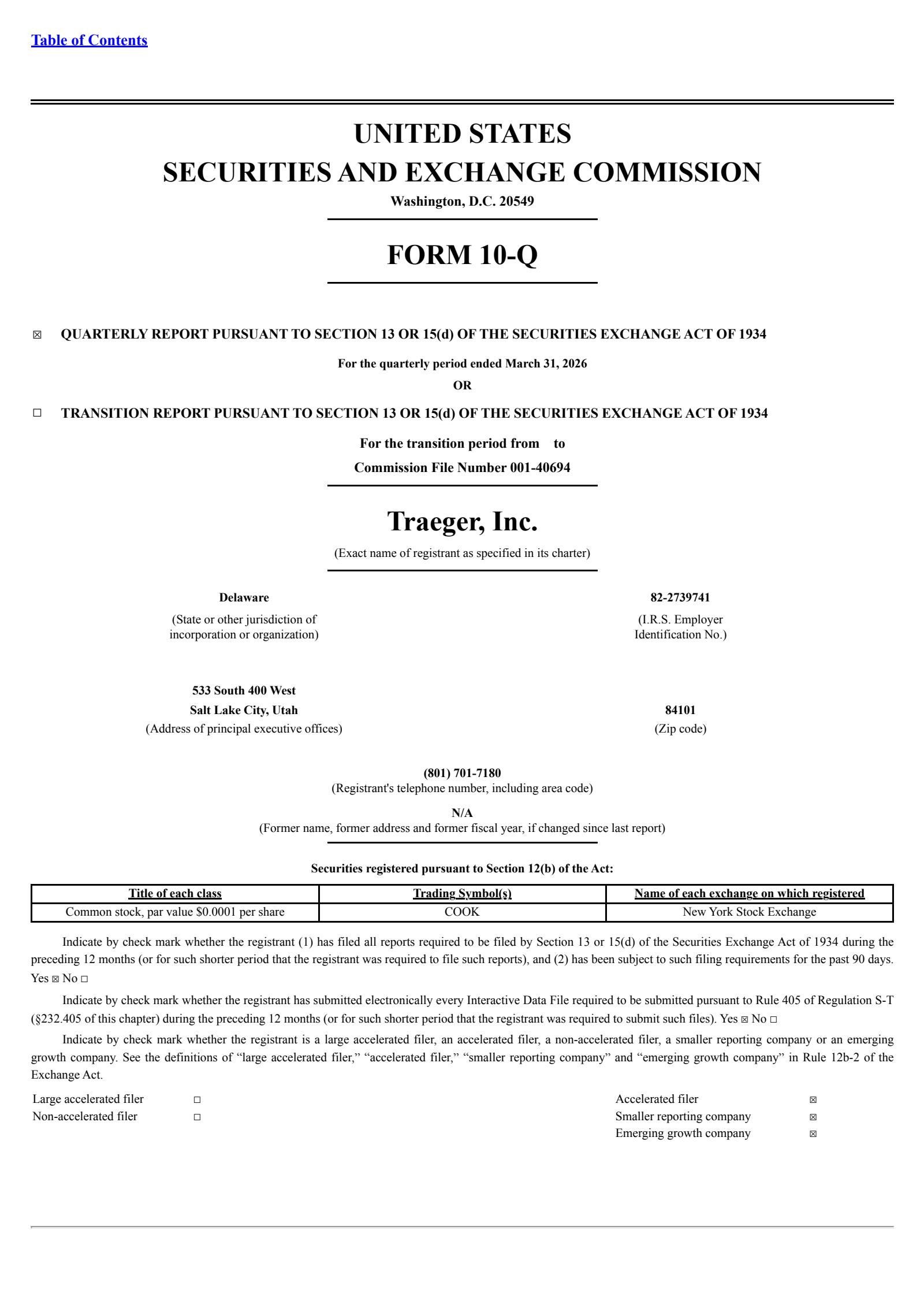 Traeger's Q1 2026 Quarterly report