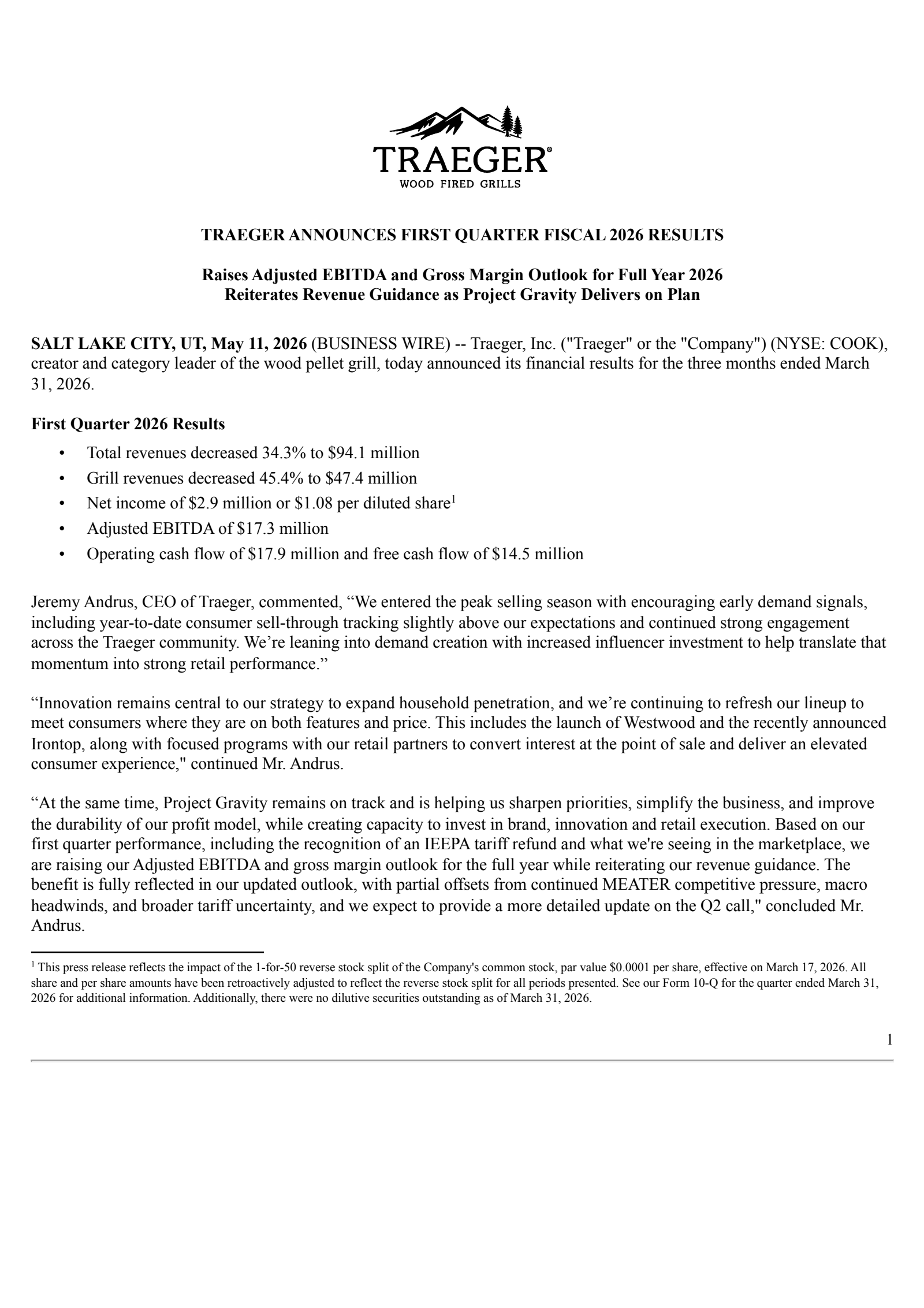 Traeger's Q1 2026 Press Release