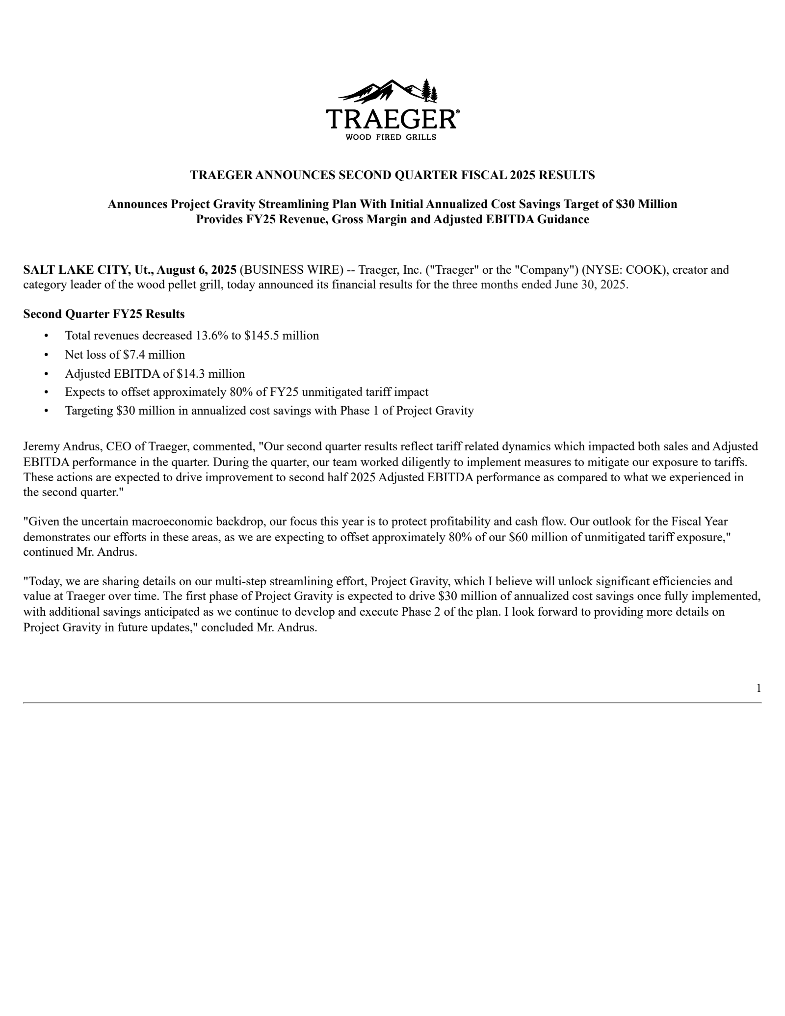 Traeger's Q2 2025 Press Release