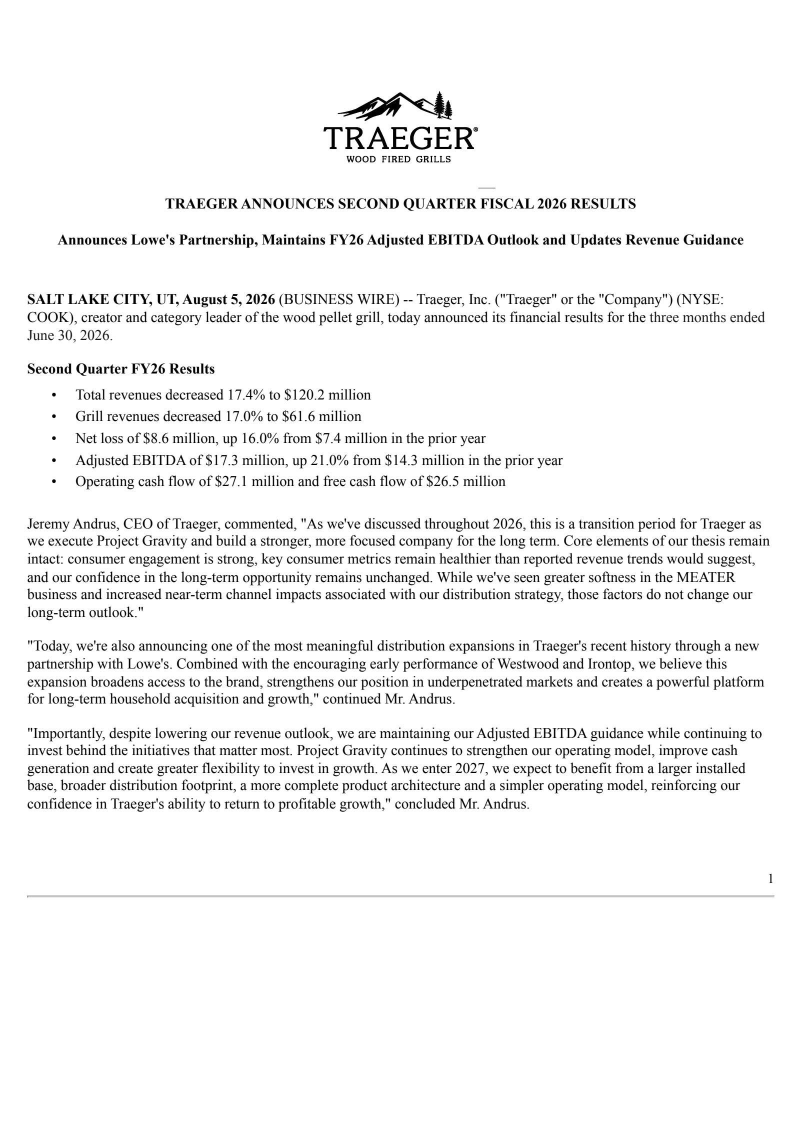 Traeger's Q2 2026 Press Release