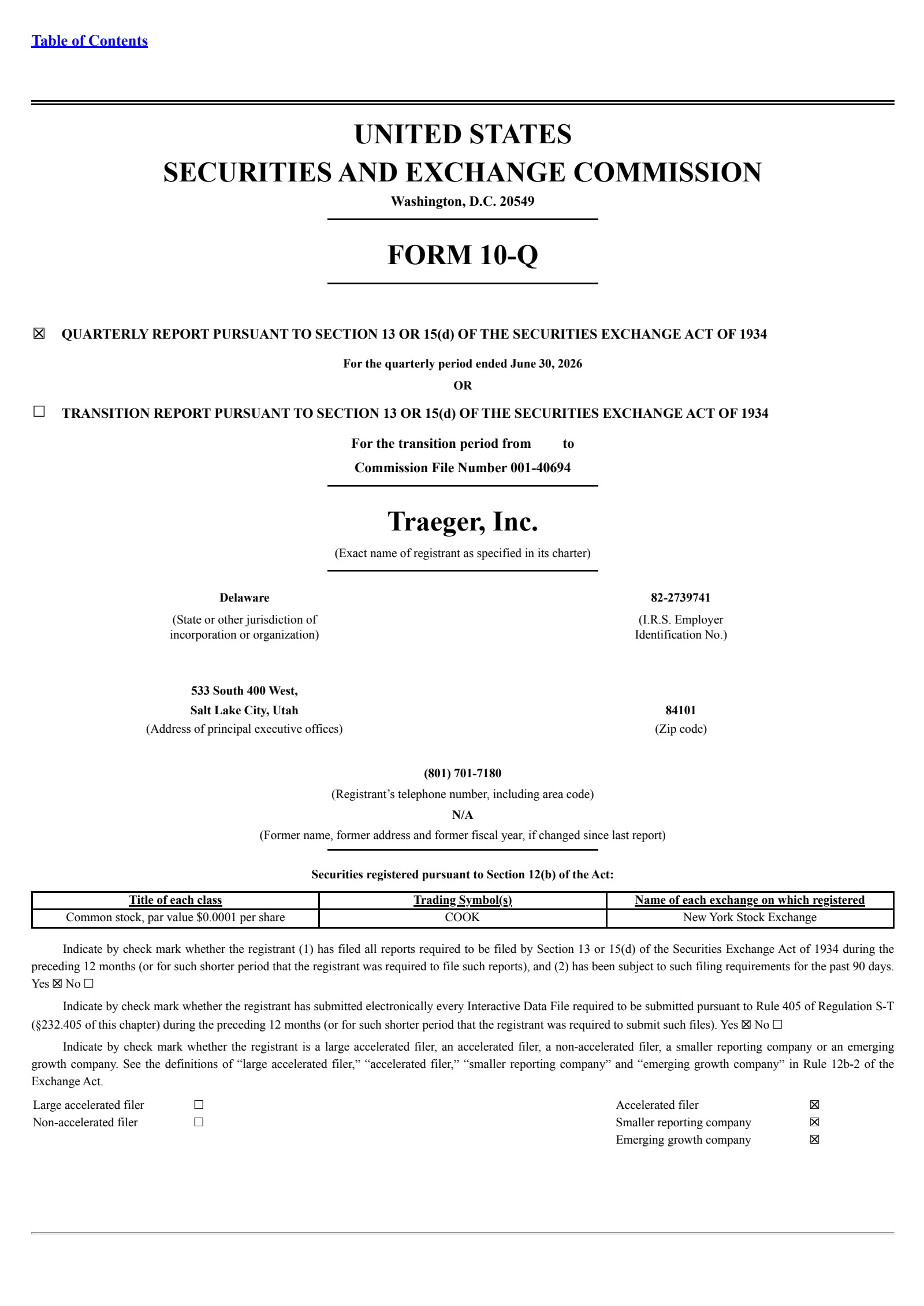 Traeger's Q2 2026 Quarterly report