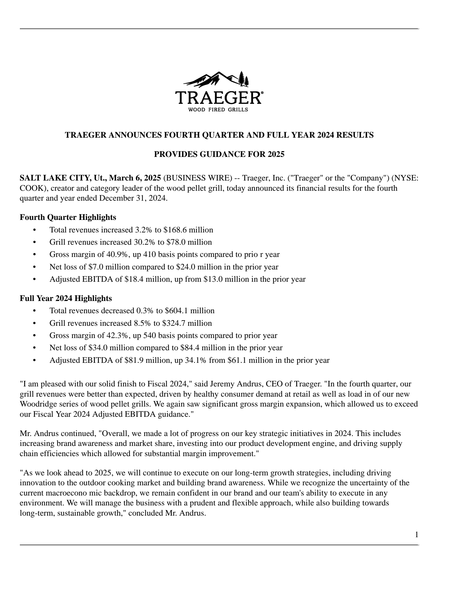 Traeger's Q4 2024 Press Release