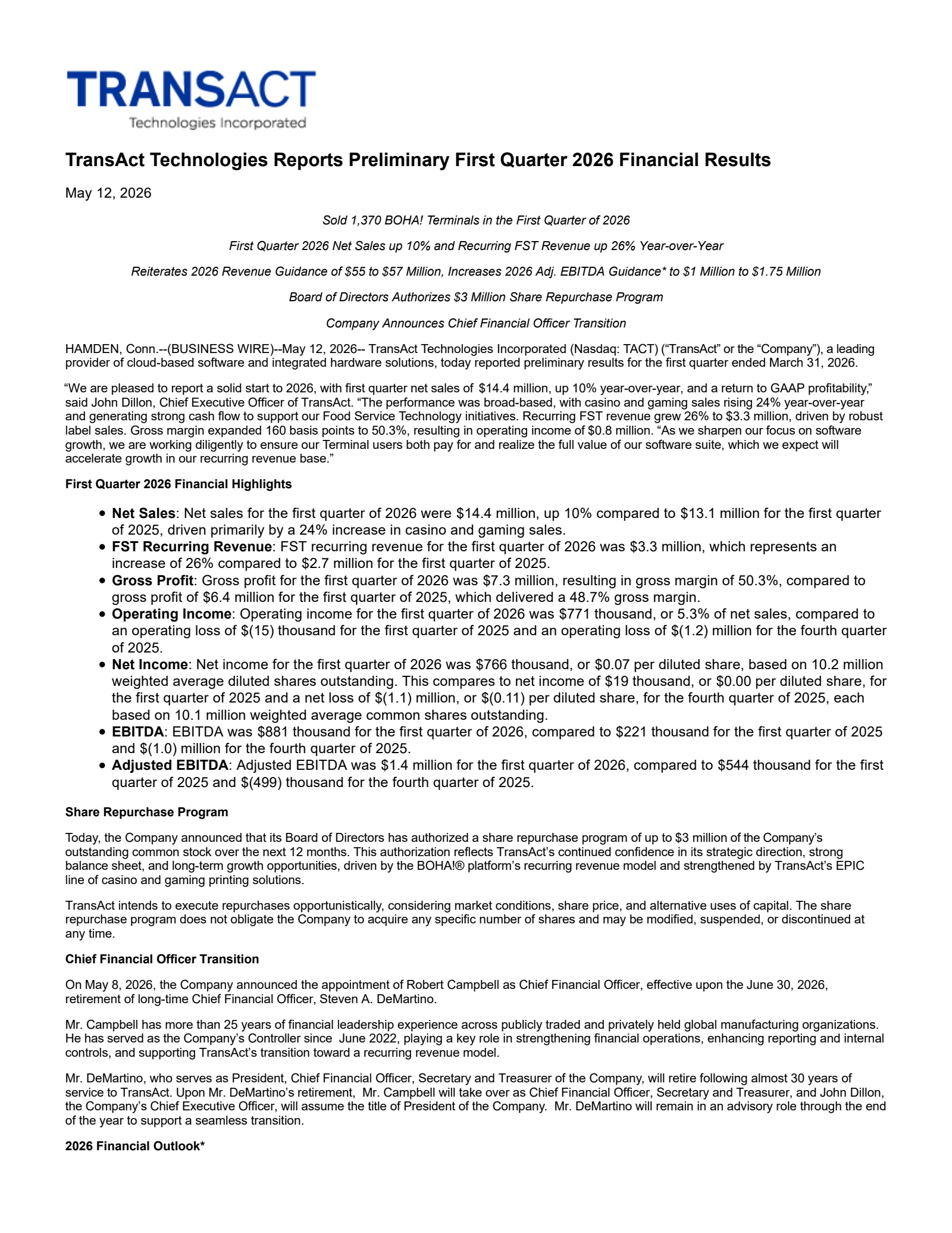 TransAct Technologies' Q1 2026 Press Release