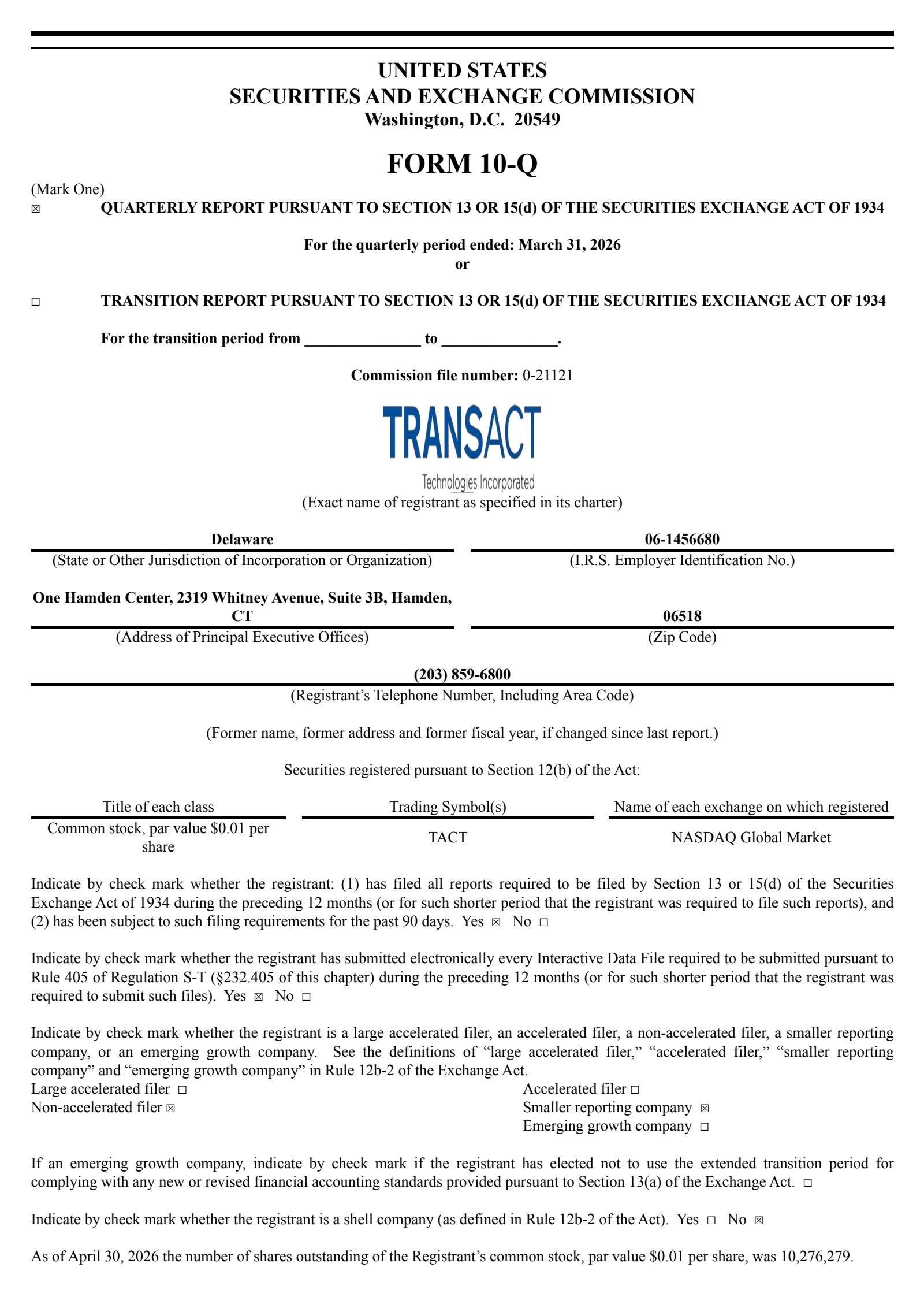 TransAct Technologies' Q1 2026 Quarterly report